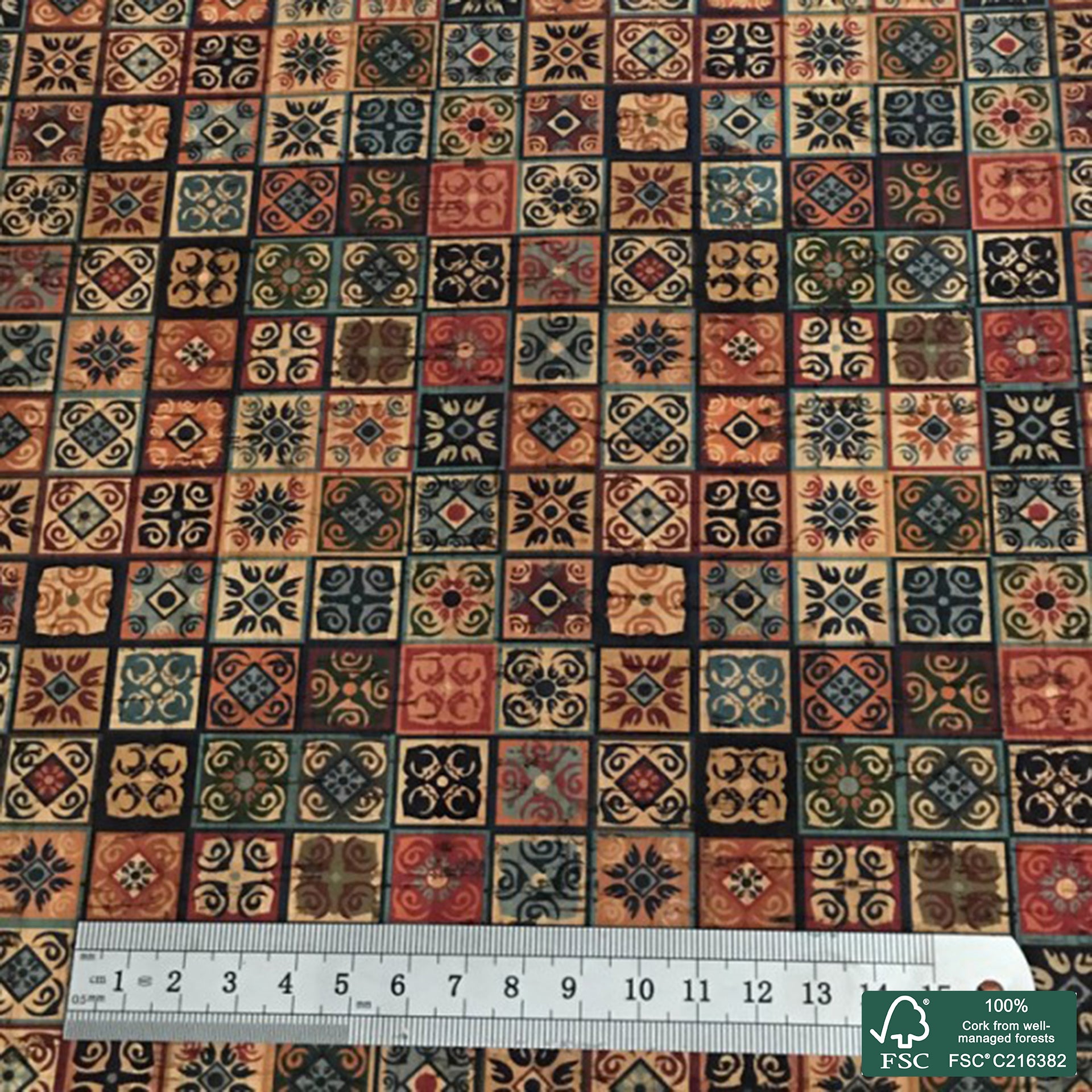 Tiles printed pattern on natural cork fabric (69)