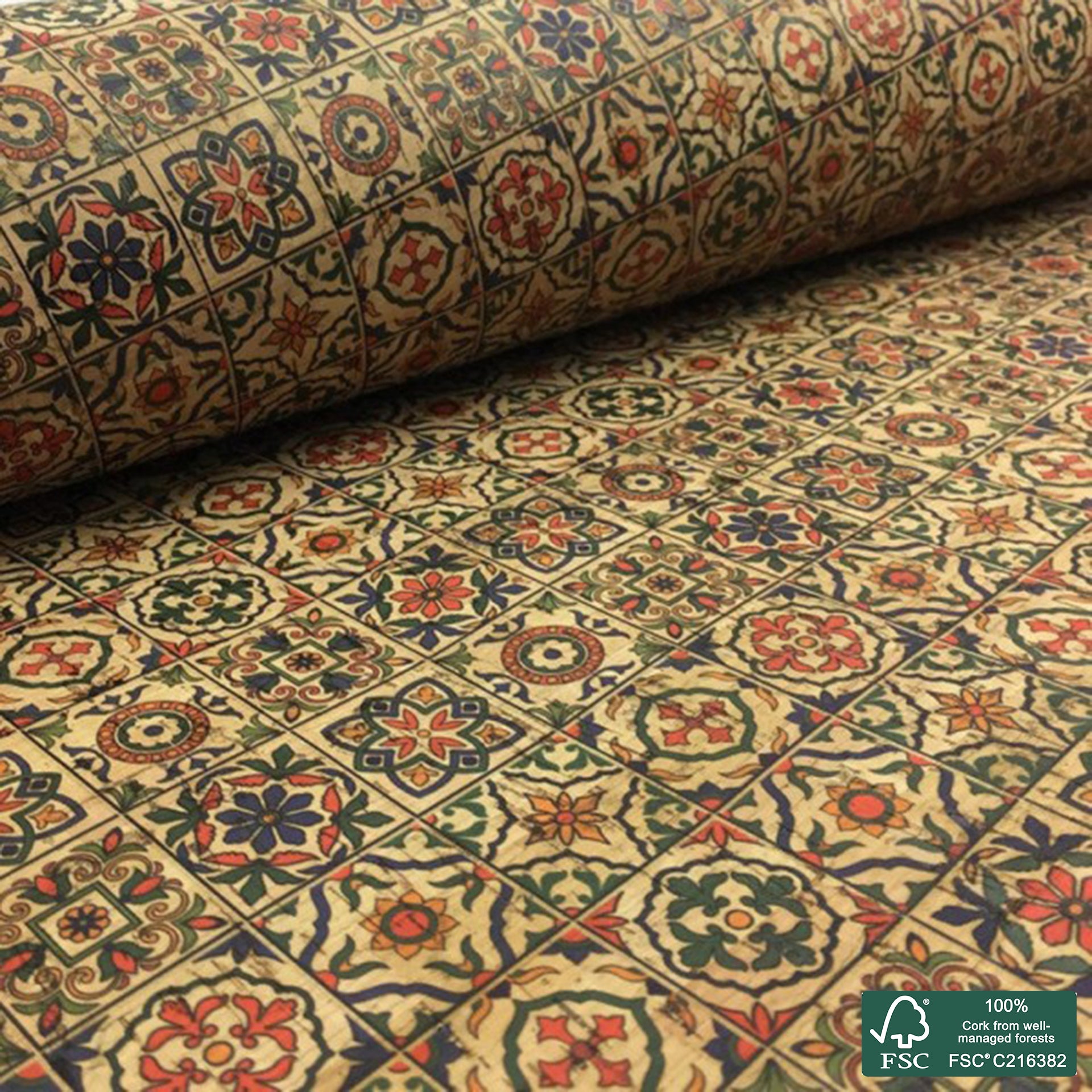 Tiles printed pattern on natural cork fabric (76)