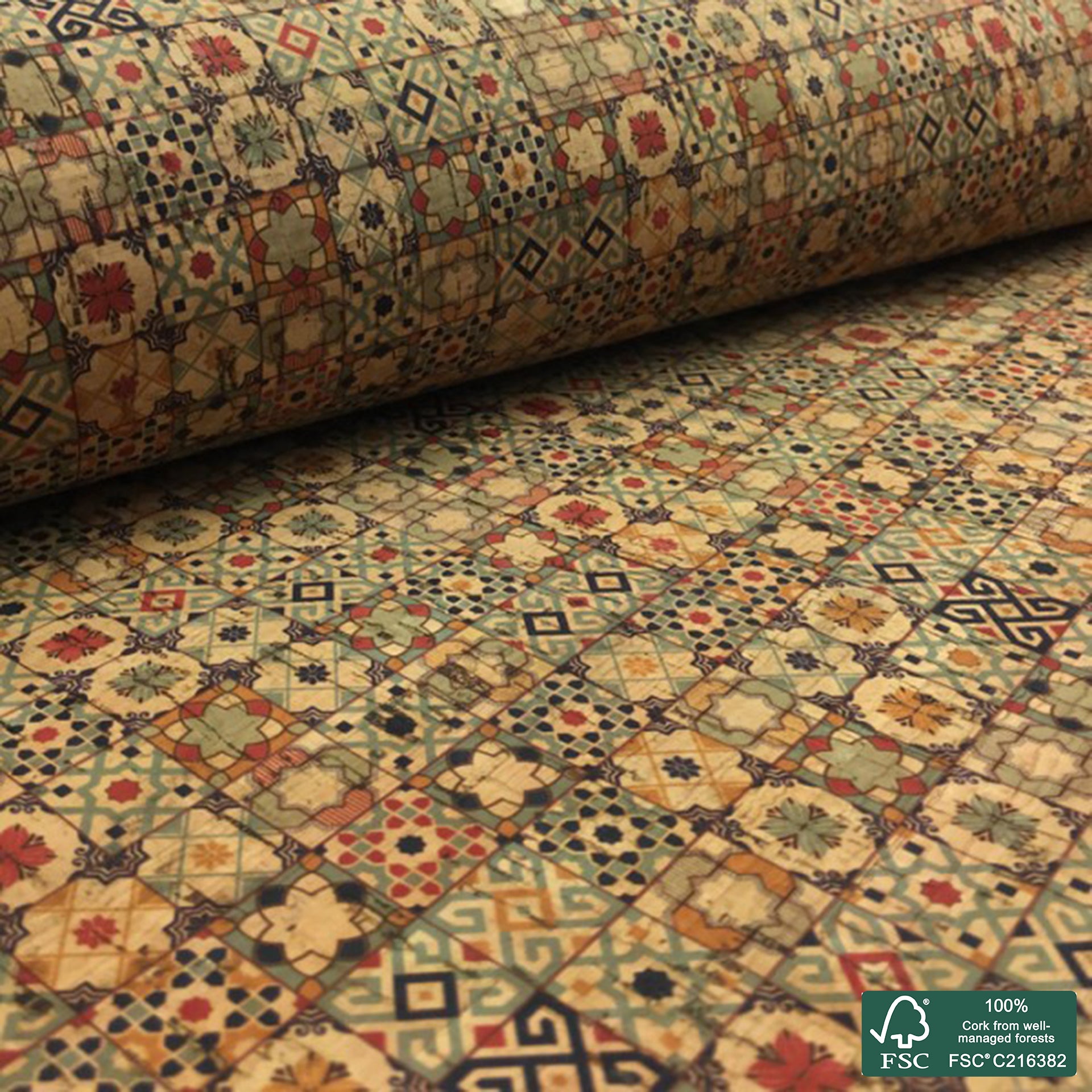 Tiles printed pattern on natural cork fabric (77)