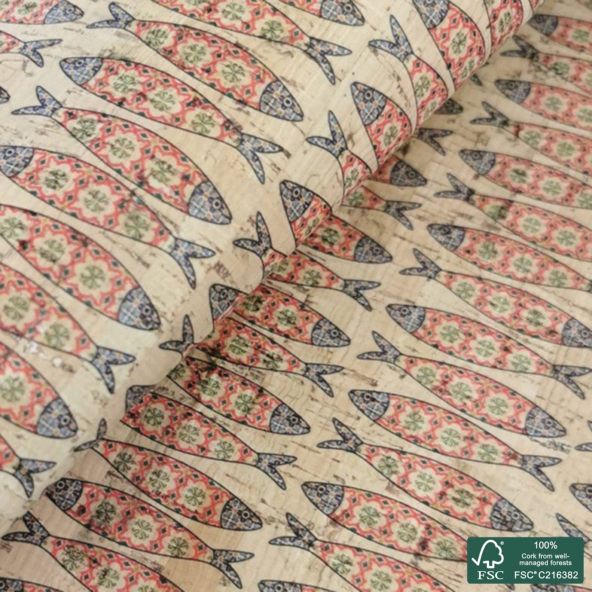 Sardines printed pattern on natural cork fabric (86)
