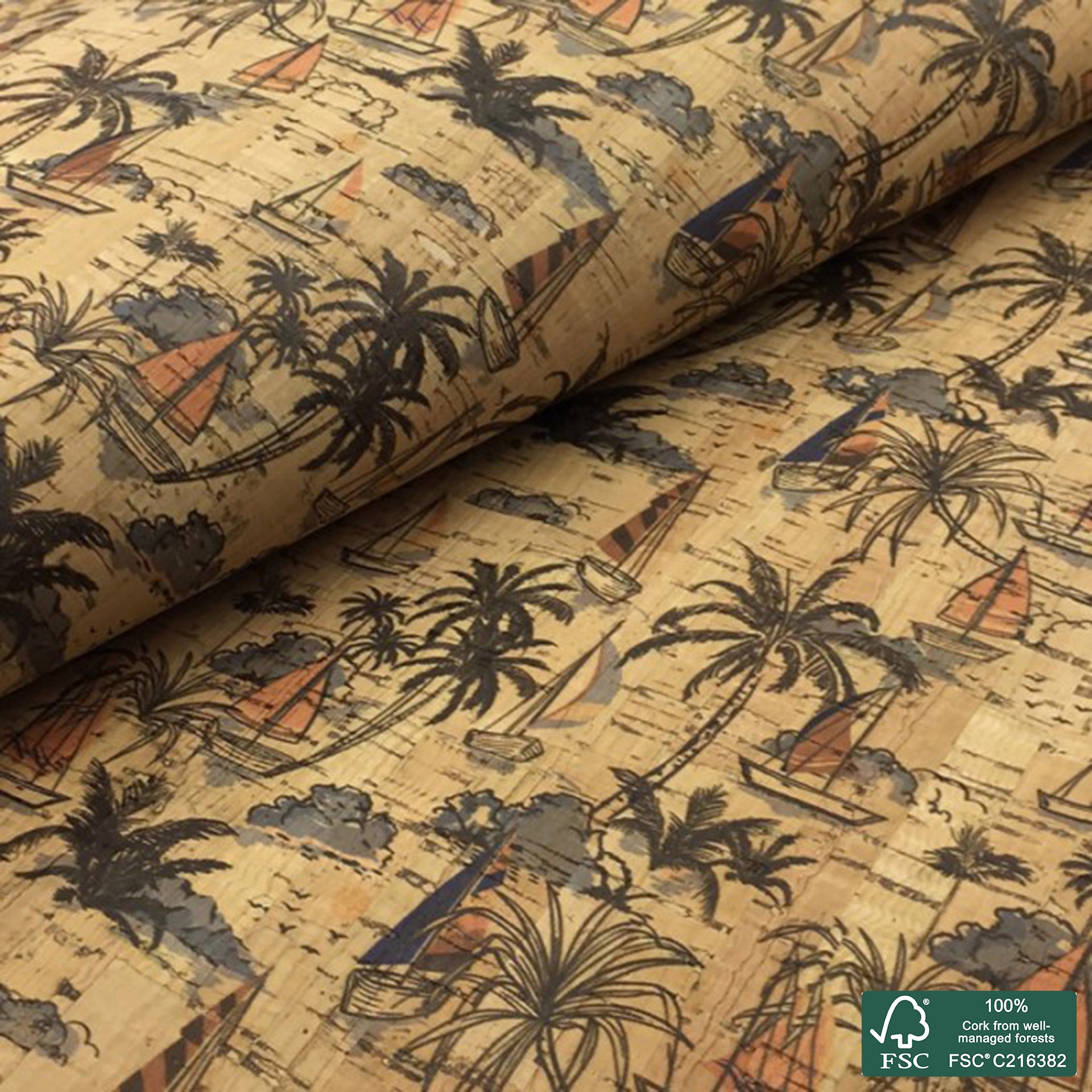 Palm Trees printed pattern on natural cork fabric (93)
