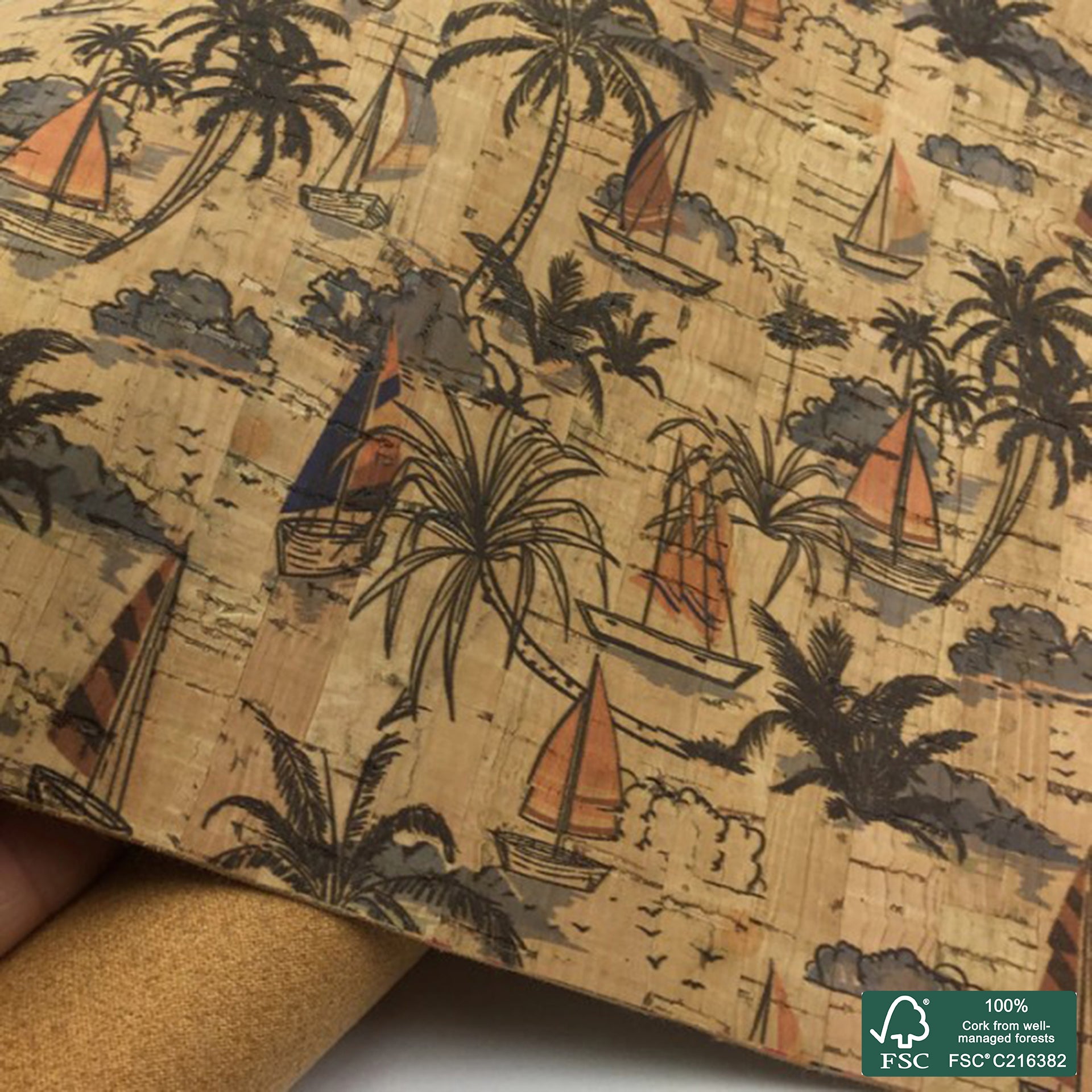 Palm Trees printed pattern on natural cork fabric (93)