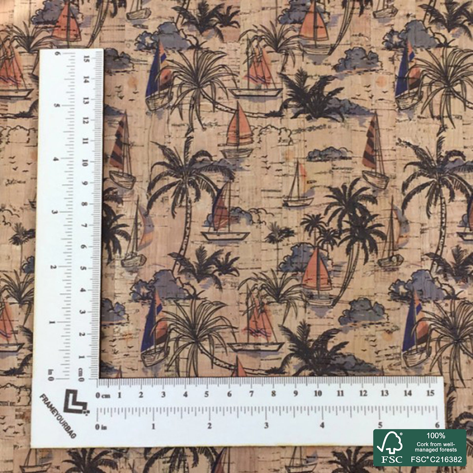 Palm Trees printed pattern on natural cork fabric (93)