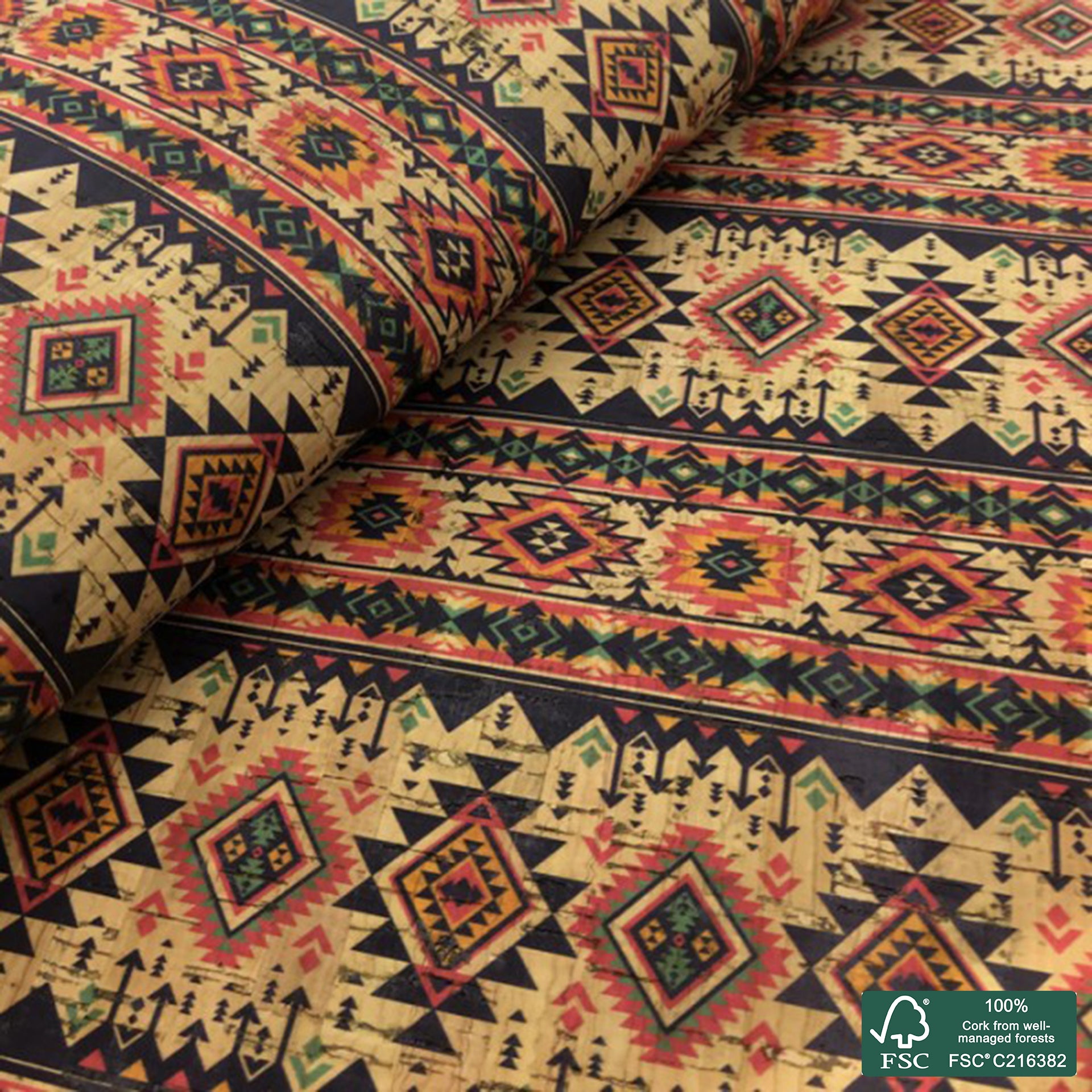 Tribal printed pattern on natural cork fabric (94)