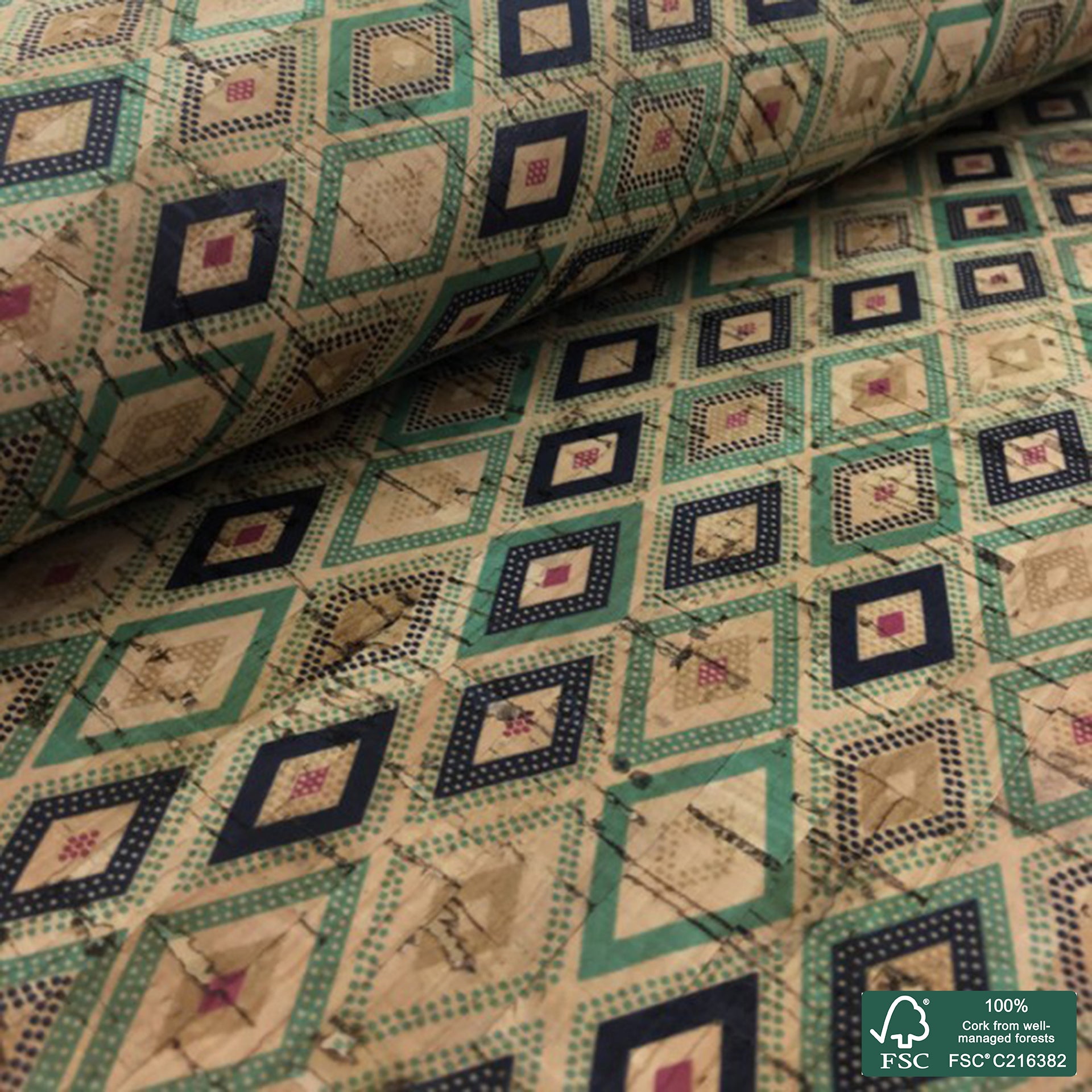 Tiles printed pattern on natural cork fabric (97)