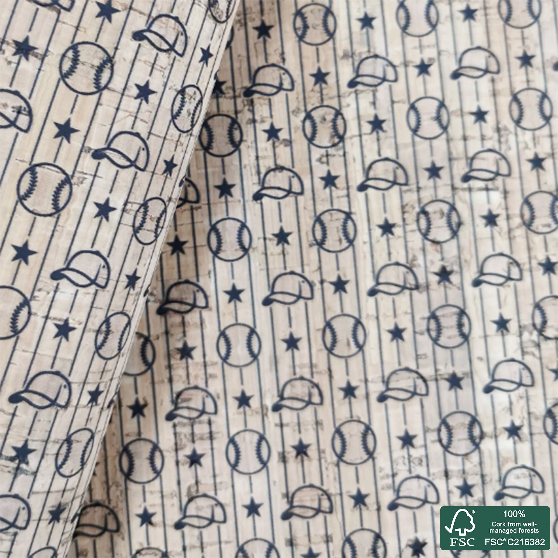 Baseball printed pattern on natural cork fabric (99)