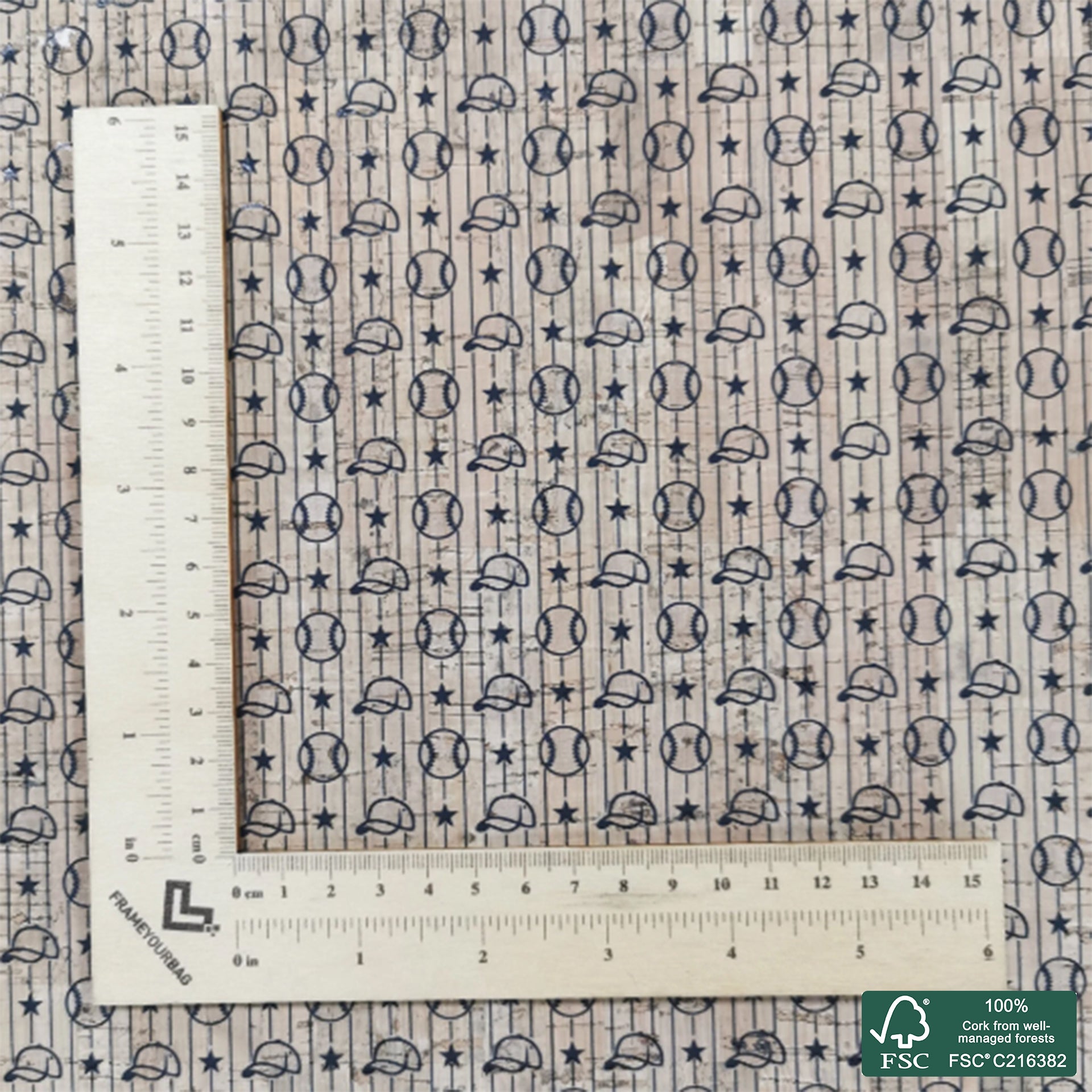 Baseball printed pattern on natural cork fabric (99)
