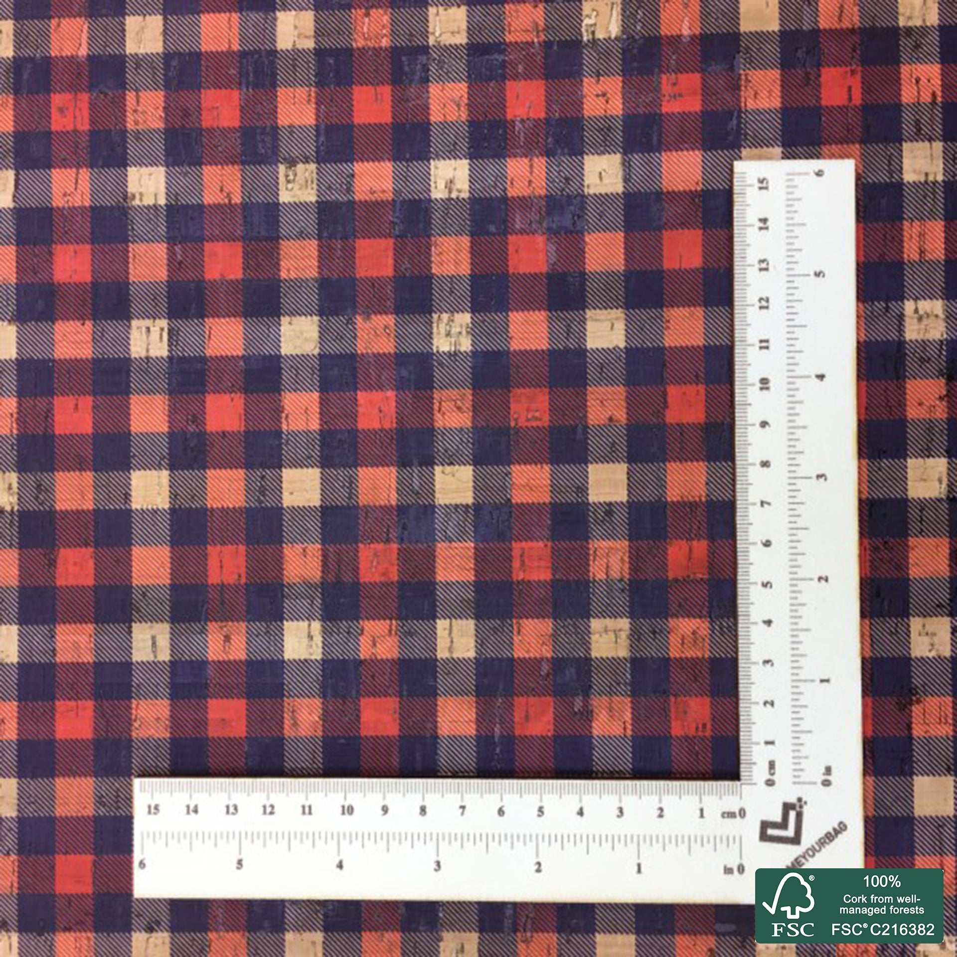 Plaid printed pattern on natural cork fabric (100)