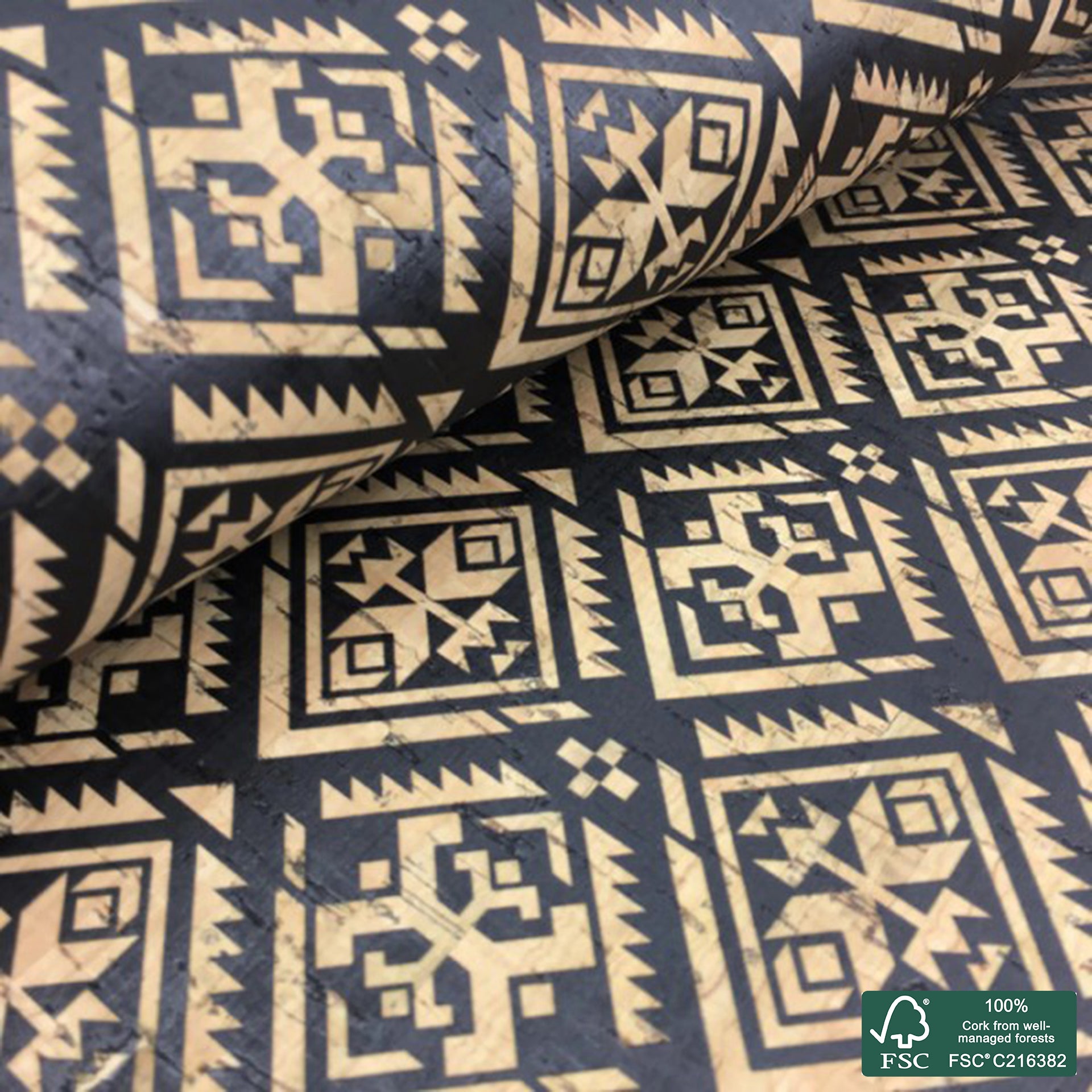 Tribal printed pattern on natural cork fabric (103)