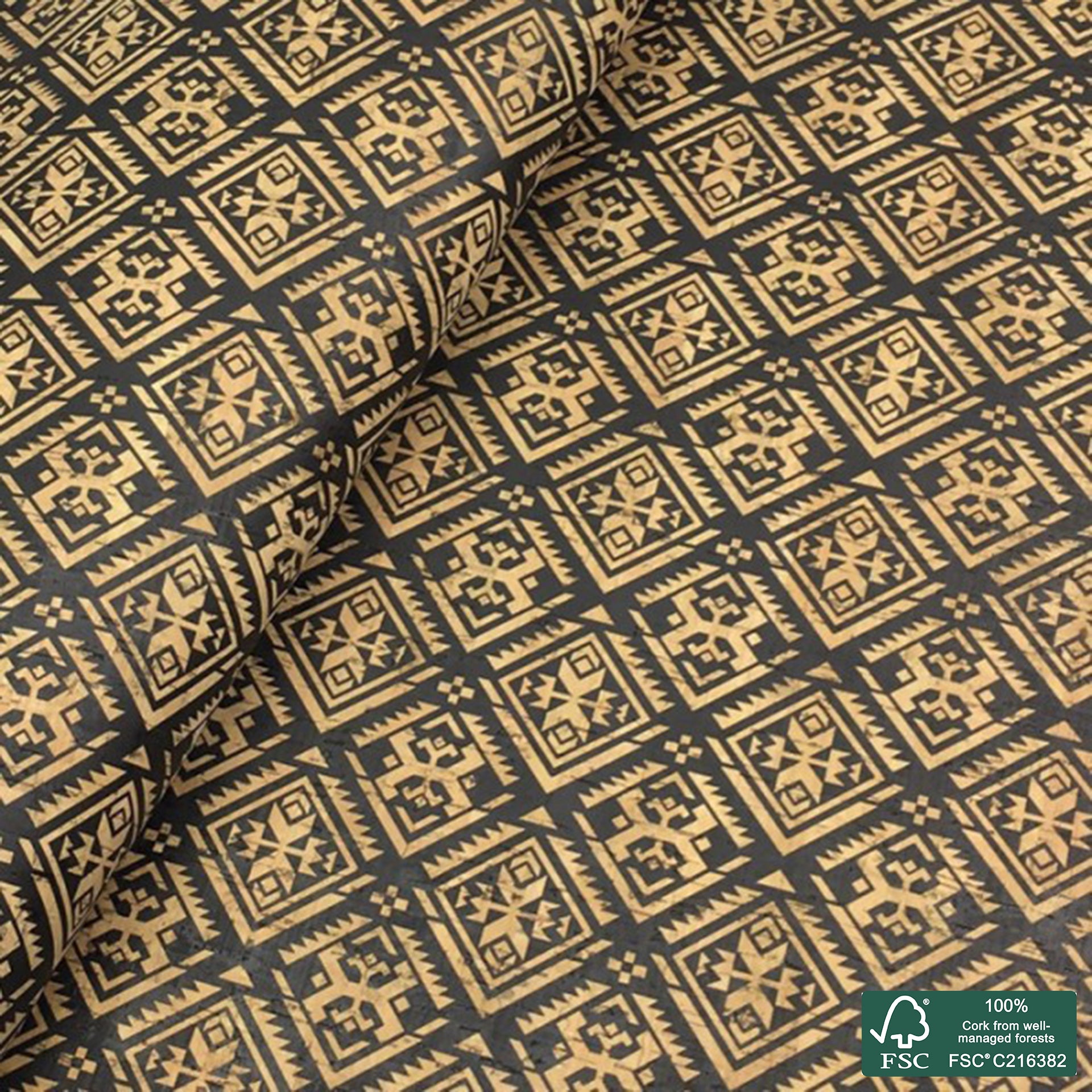 Tribal printed pattern on natural cork fabric (103)