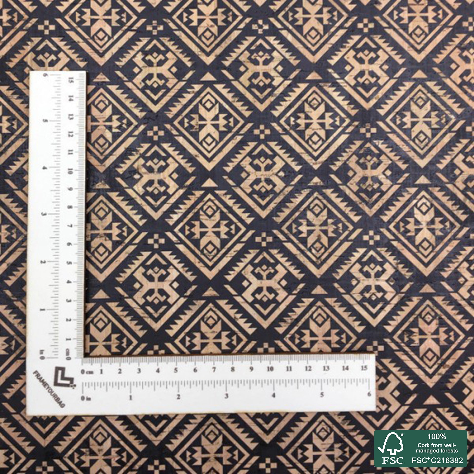 Tribal printed pattern on natural cork fabric (103)