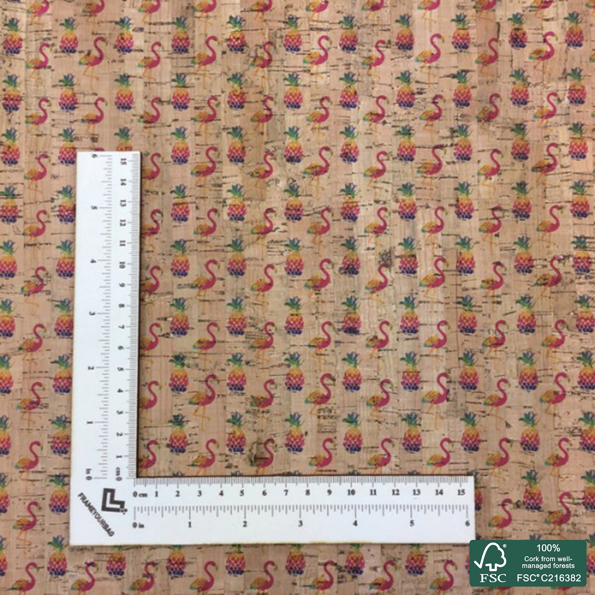Flamingo printed pattern on natural cork fabric (105)