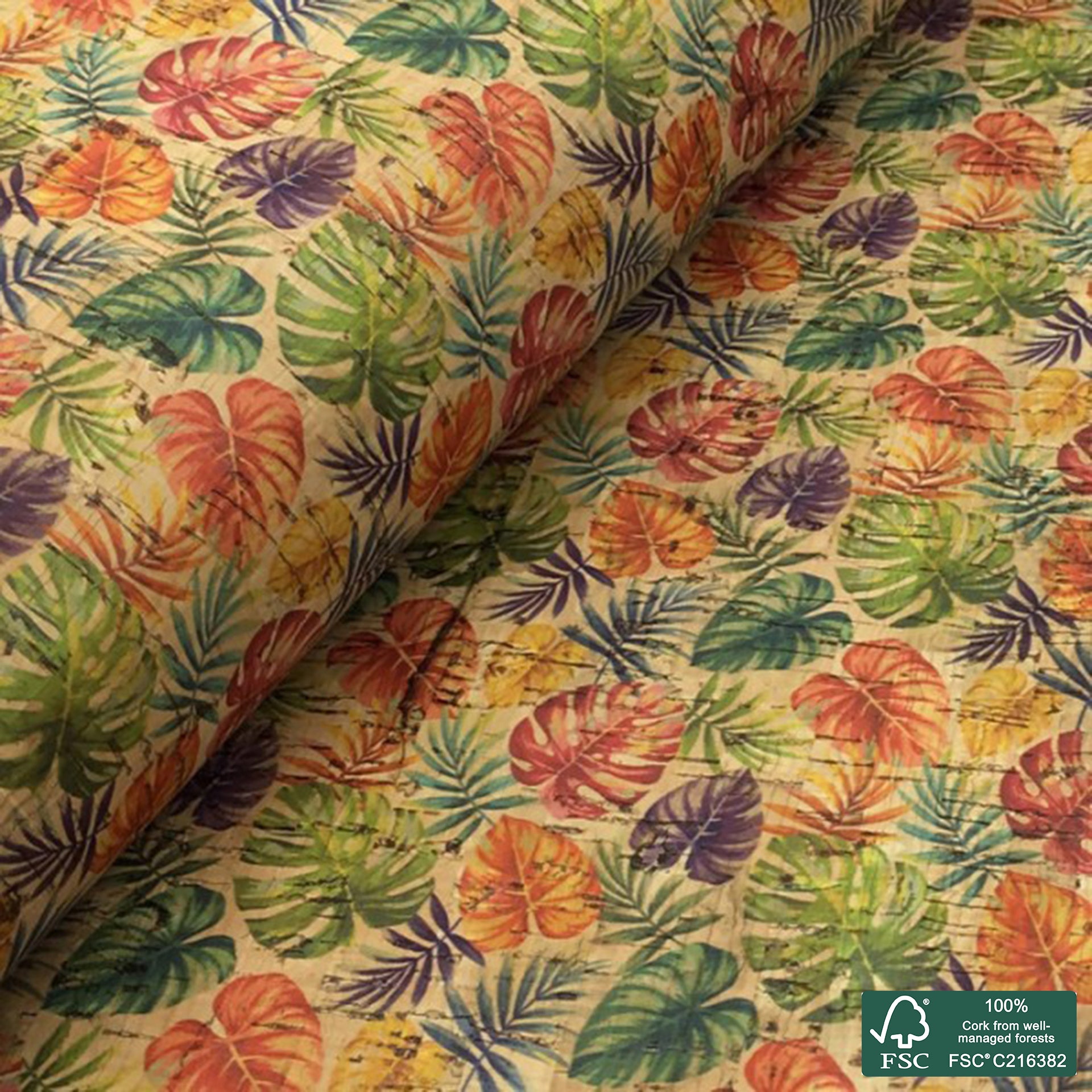 Leaves printed pattern on natural cork fabric (106)