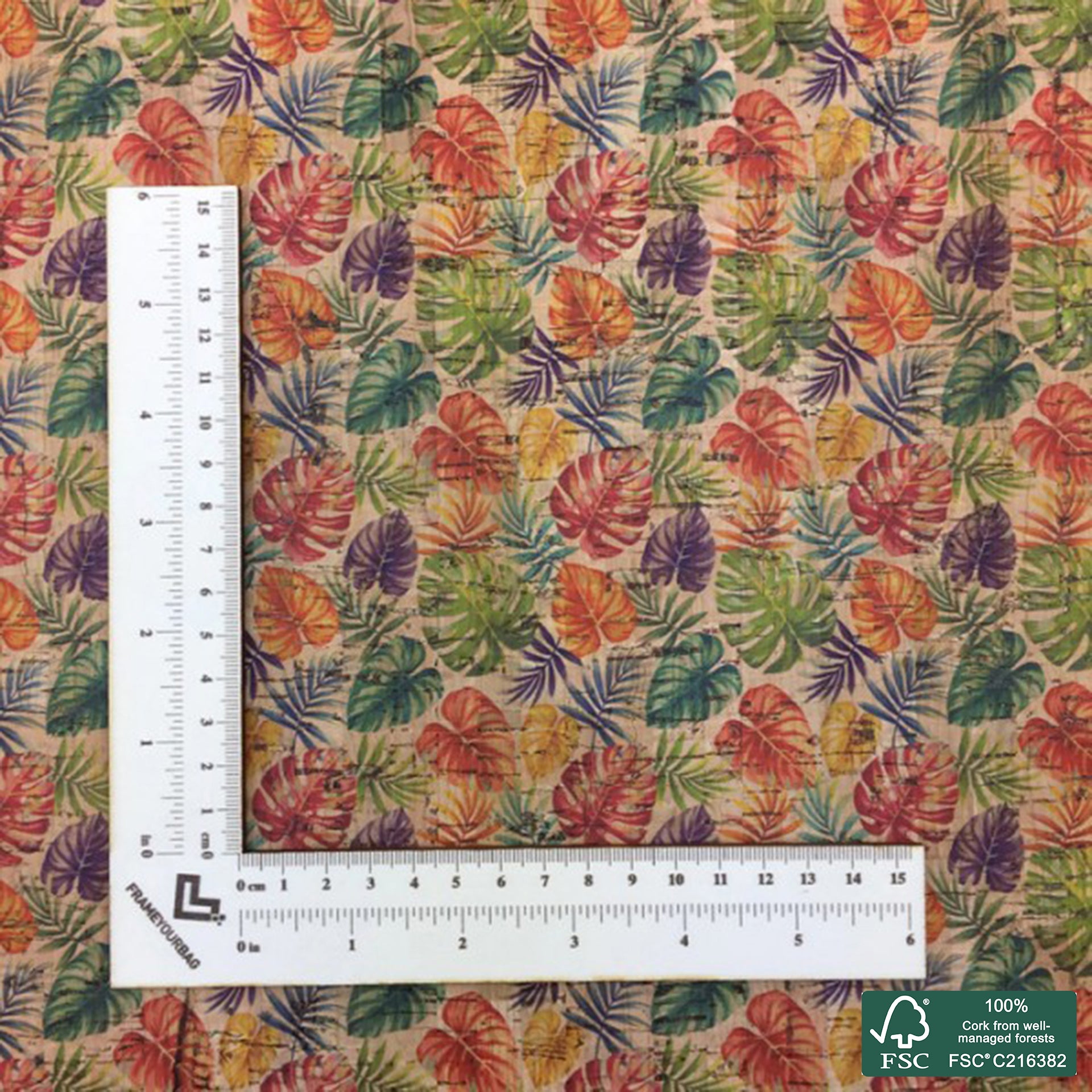 Leaves printed pattern on natural cork fabric (106)