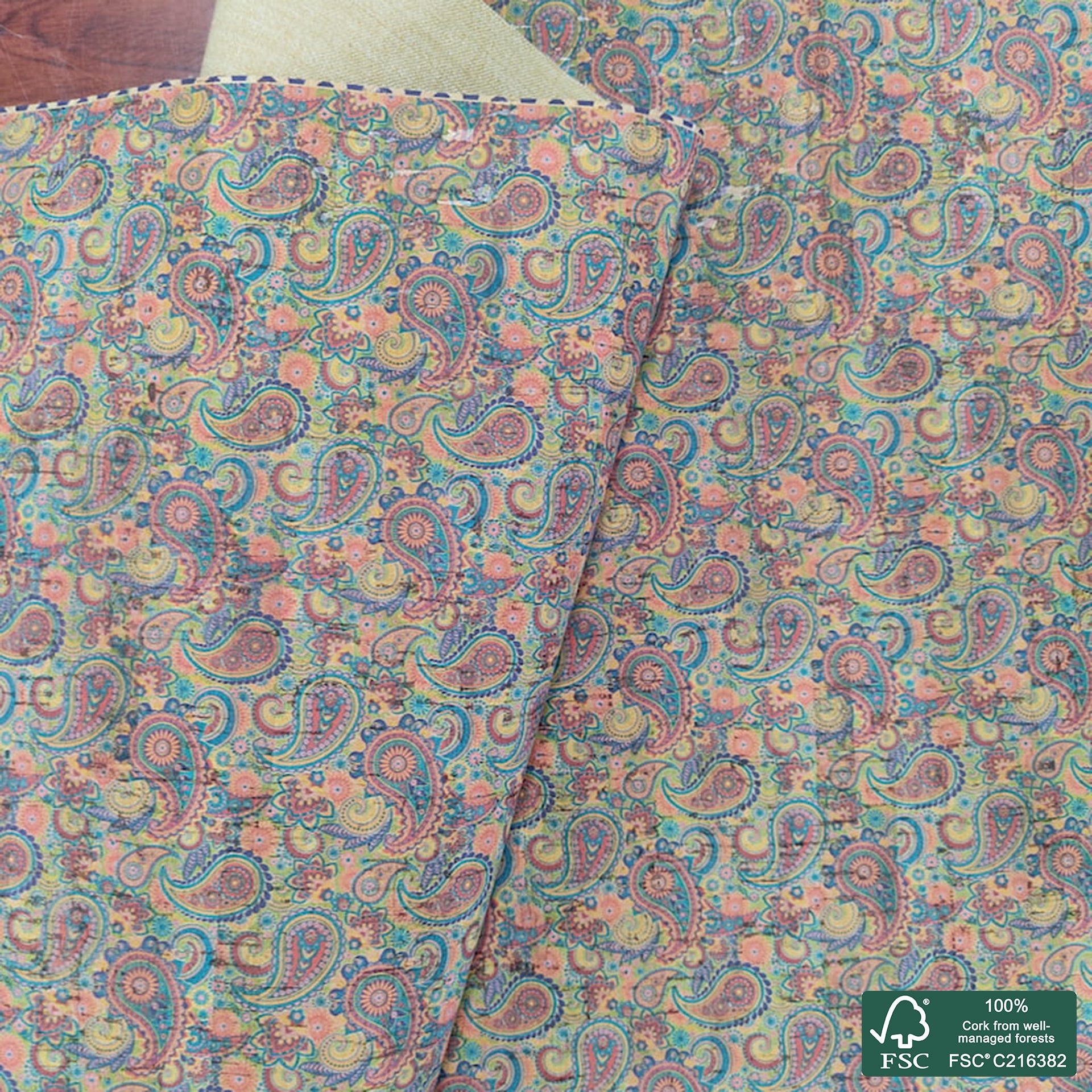 Paisley printed pattern on natural cork fabric (110)