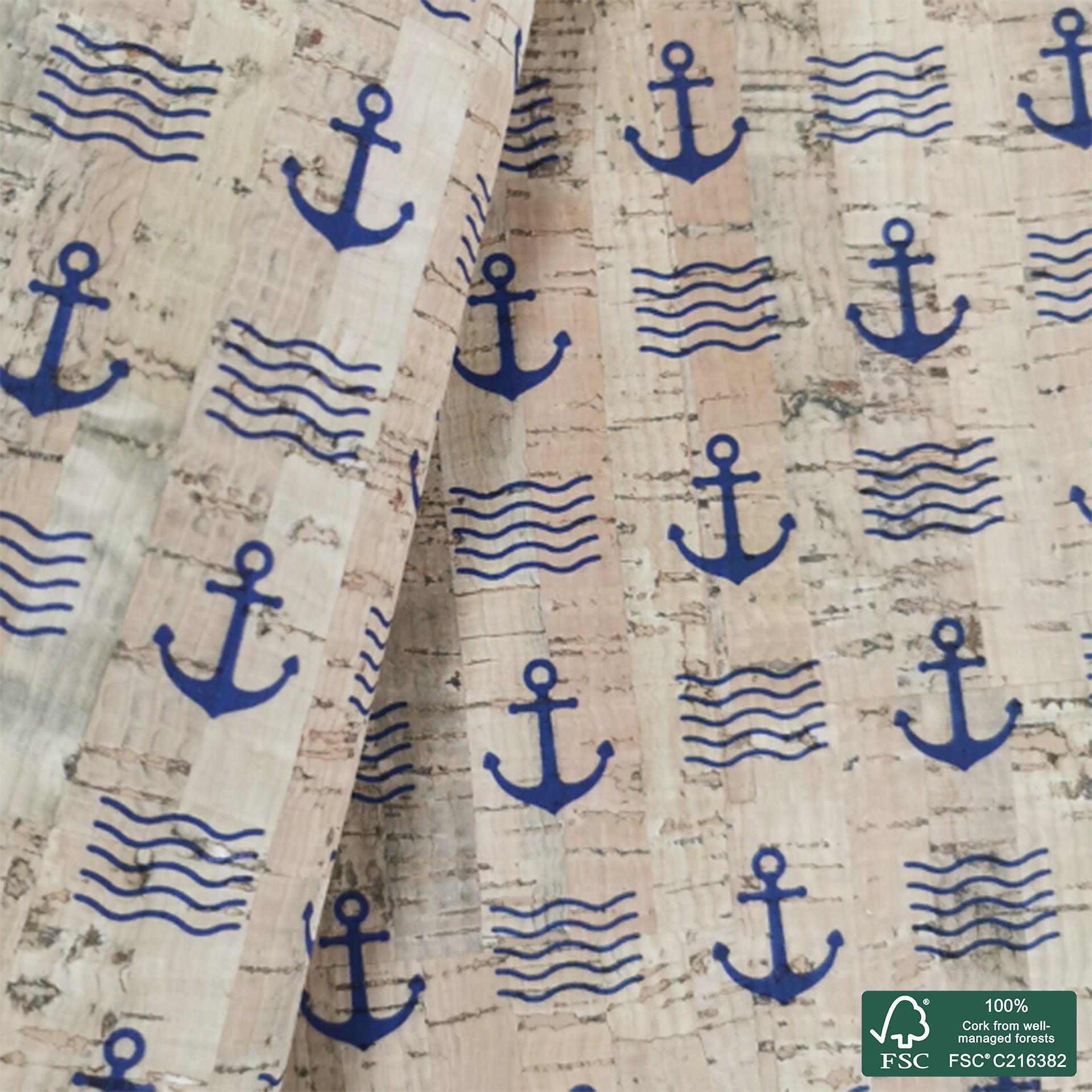 Navy printed pattern on natural cork fabric (113)