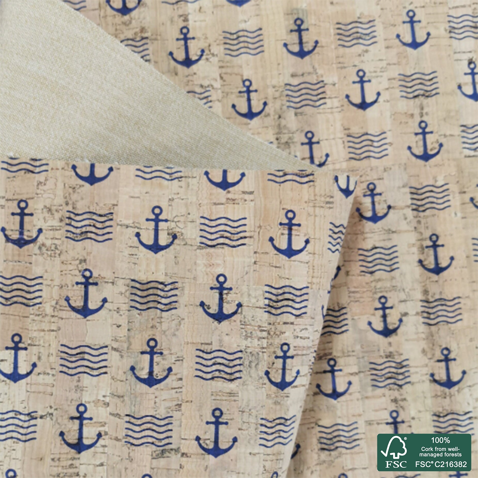 Navy printed pattern on natural cork fabric (113)
