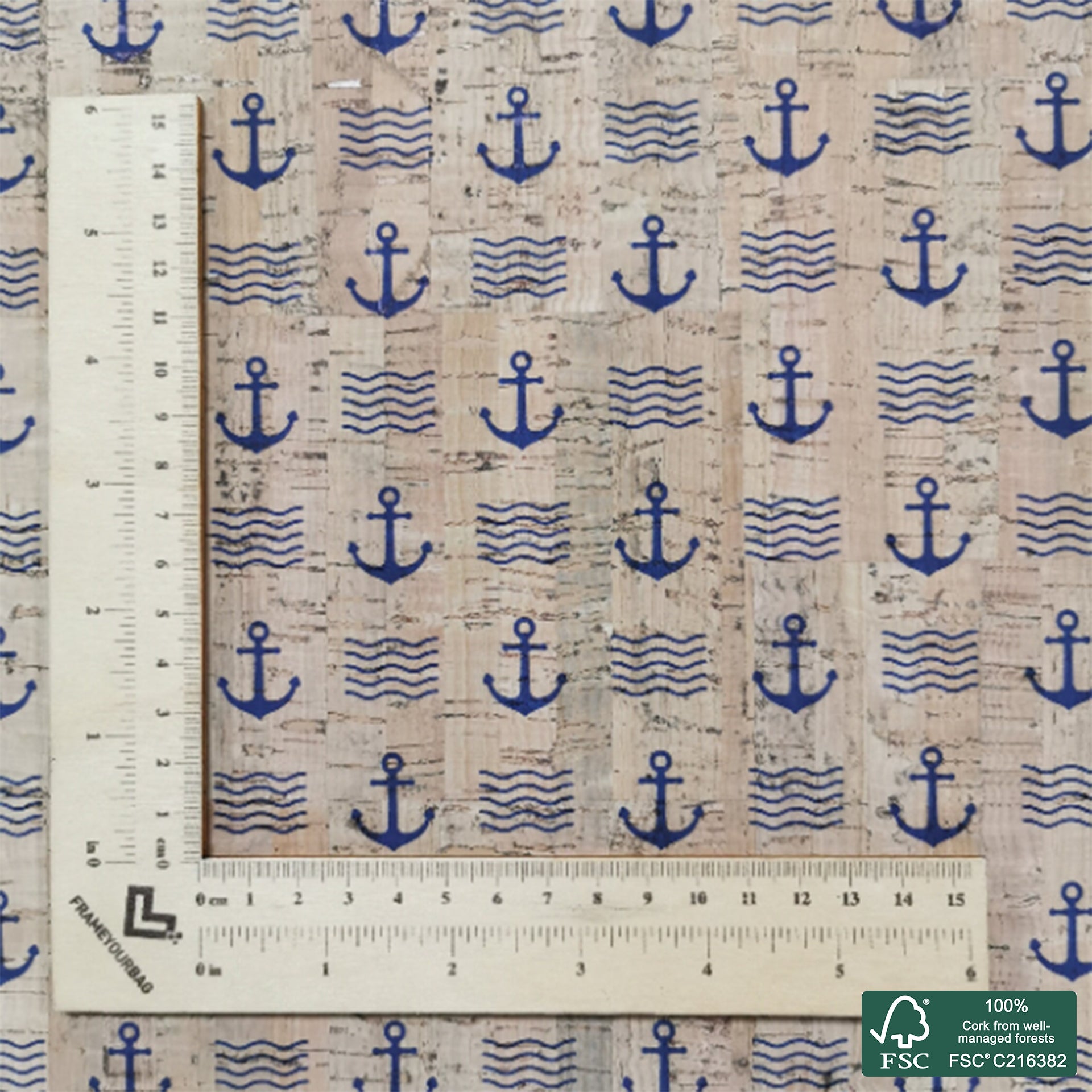 Navy printed pattern on natural cork fabric (113)