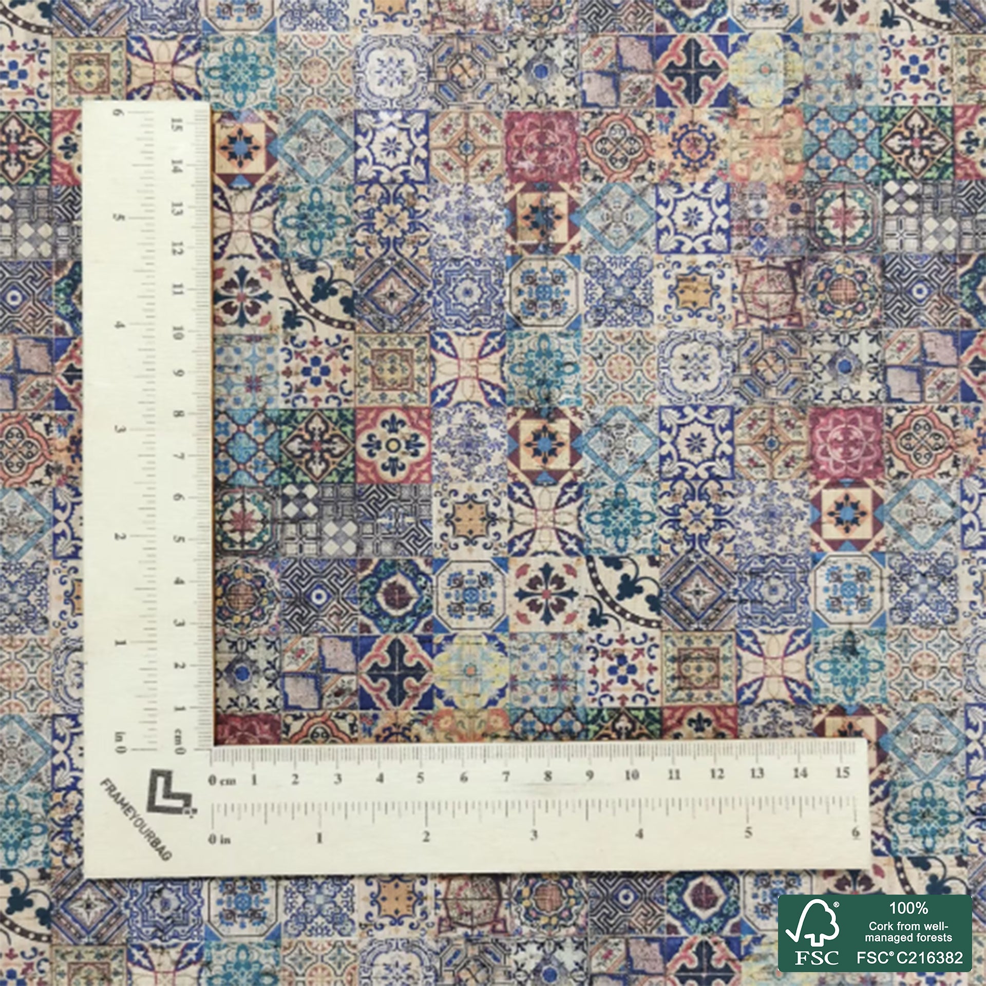 Tiles printed pattern on natural cork fabric (114)