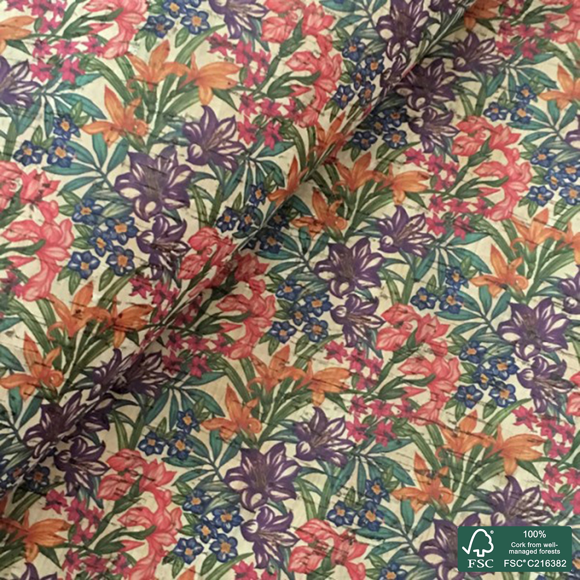 Flowers printed pattern on natural cork fabric (115)