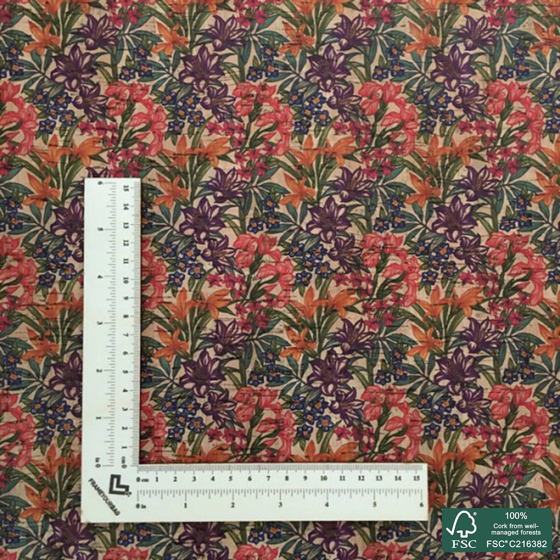 Flowers printed pattern on natural cork fabric (115)