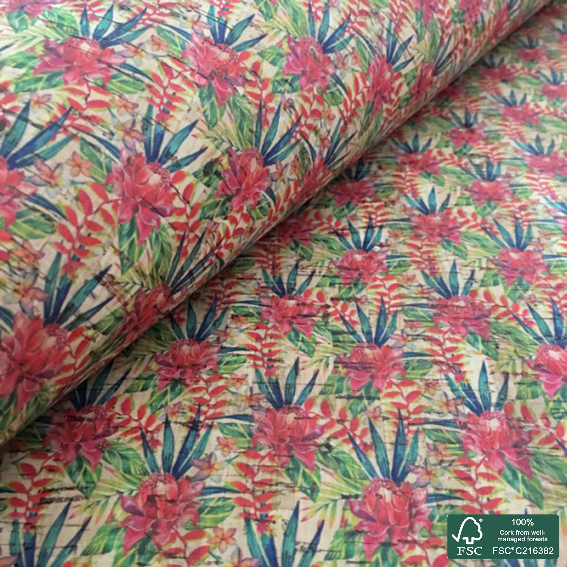 Flowers printed pattern on natural cork fabric (116)