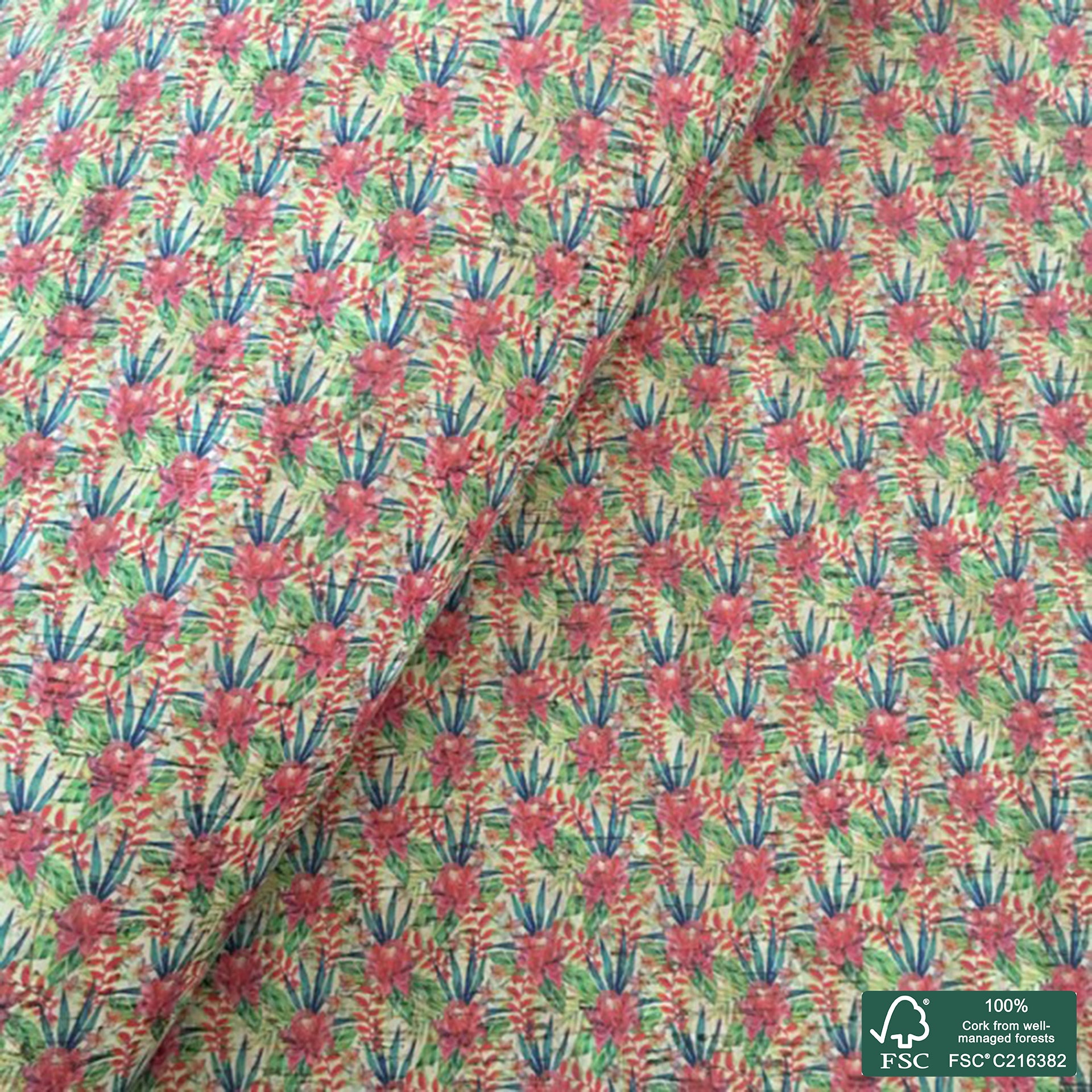 Flowers printed pattern on natural cork fabric (116)