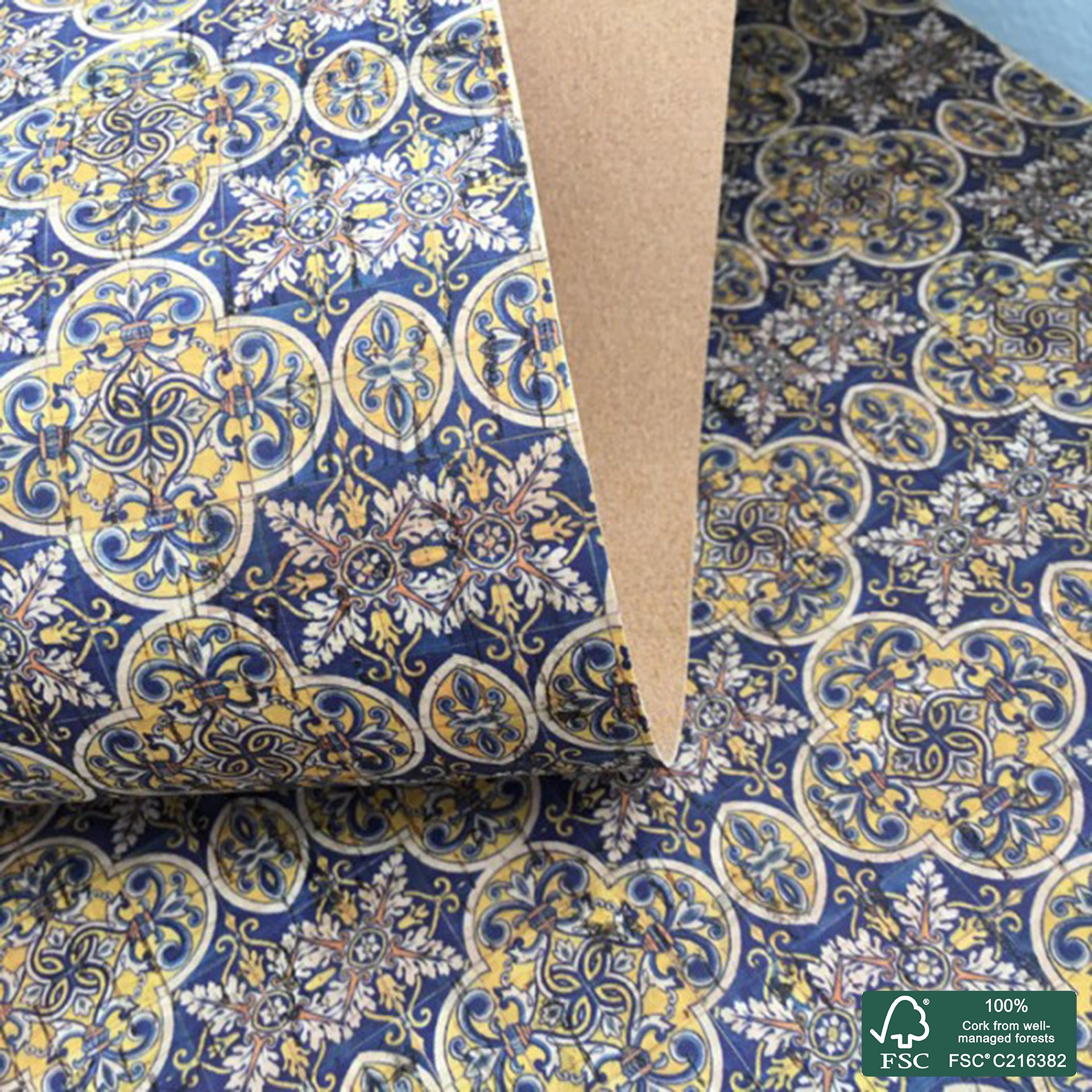 Tiles printed pattern on natural cork fabric (117)