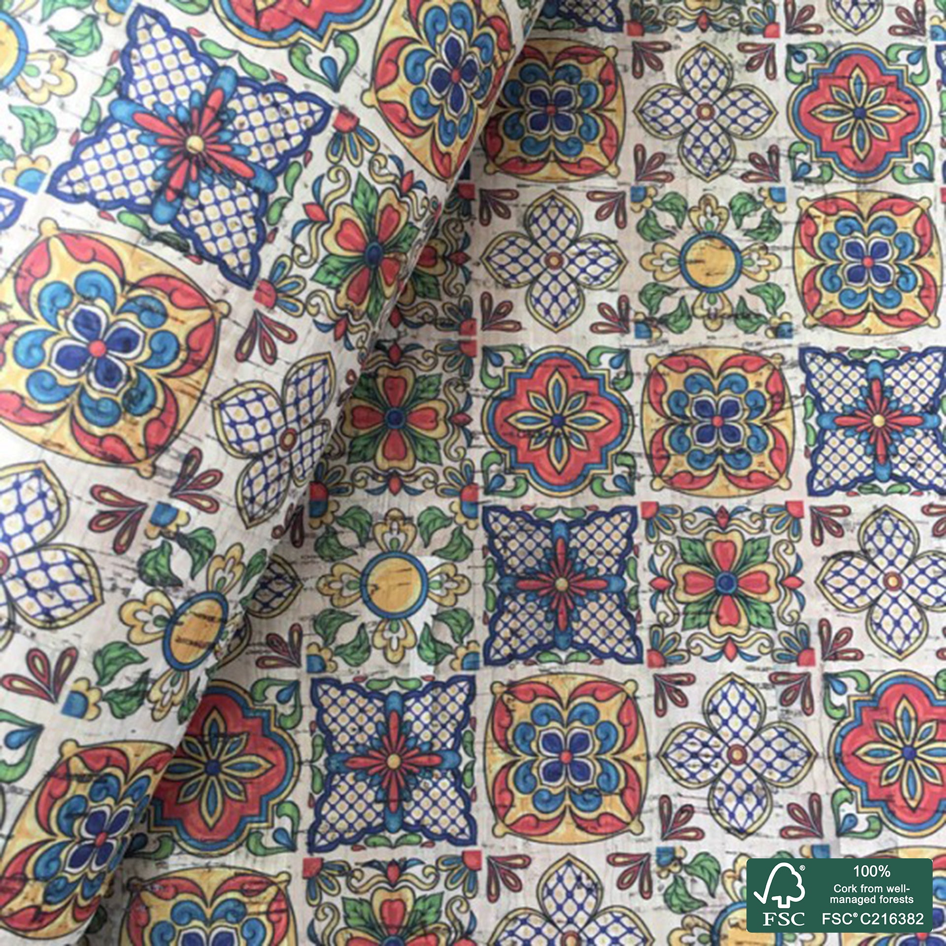 Tiles printed pattern on natural cork fabric (118)