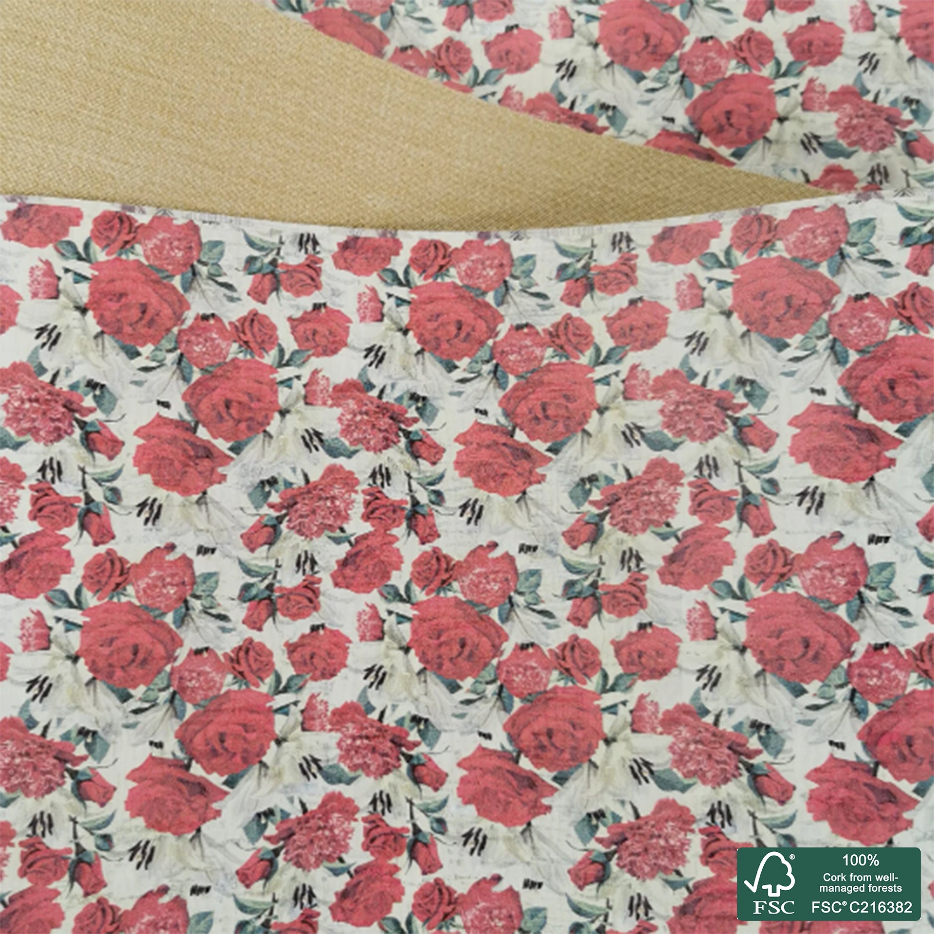 Flowers printed pattern on white cork fabric (119)