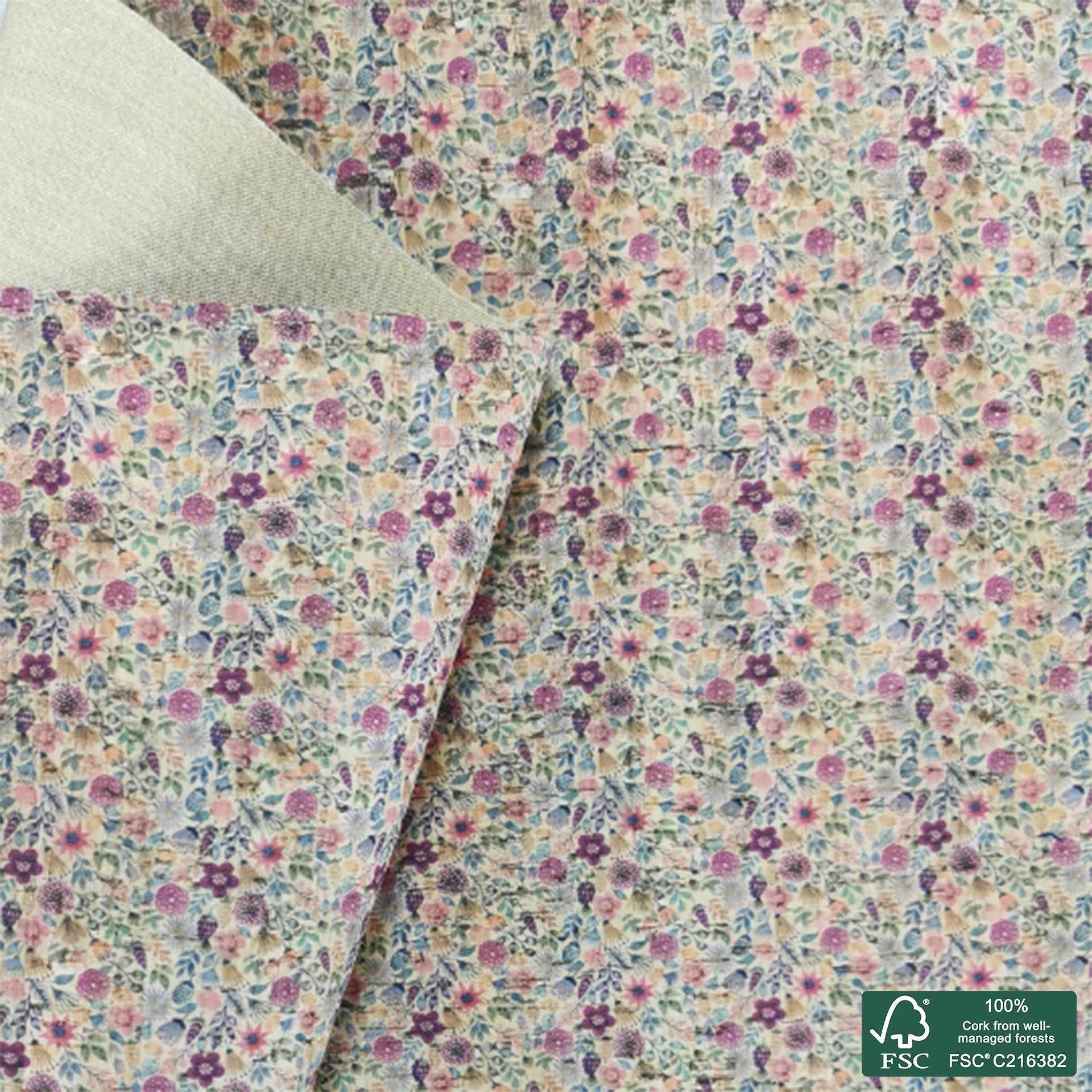 Flowers printed pattern on natural cork fabric (122)