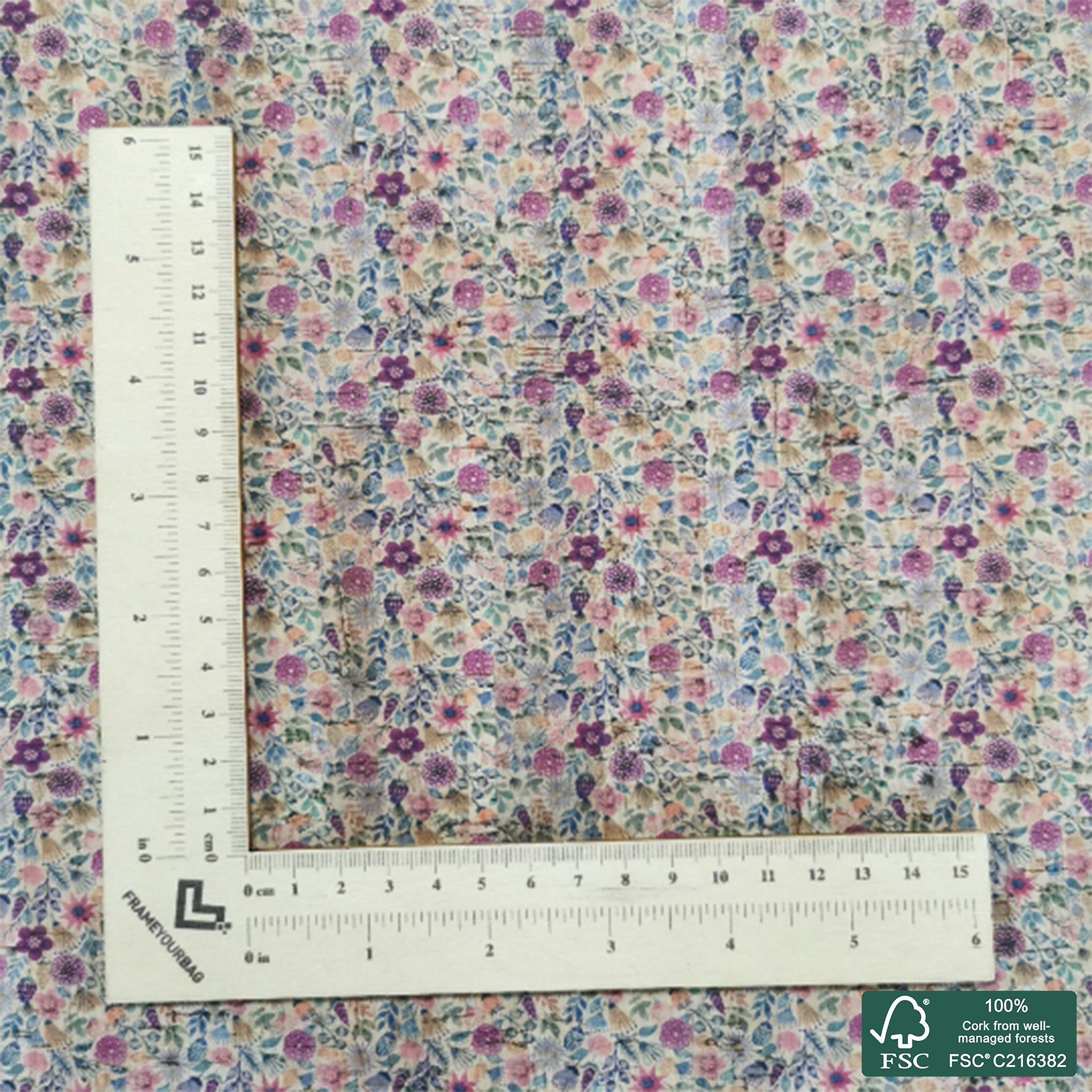 Flowers printed pattern on natural cork fabric (122)