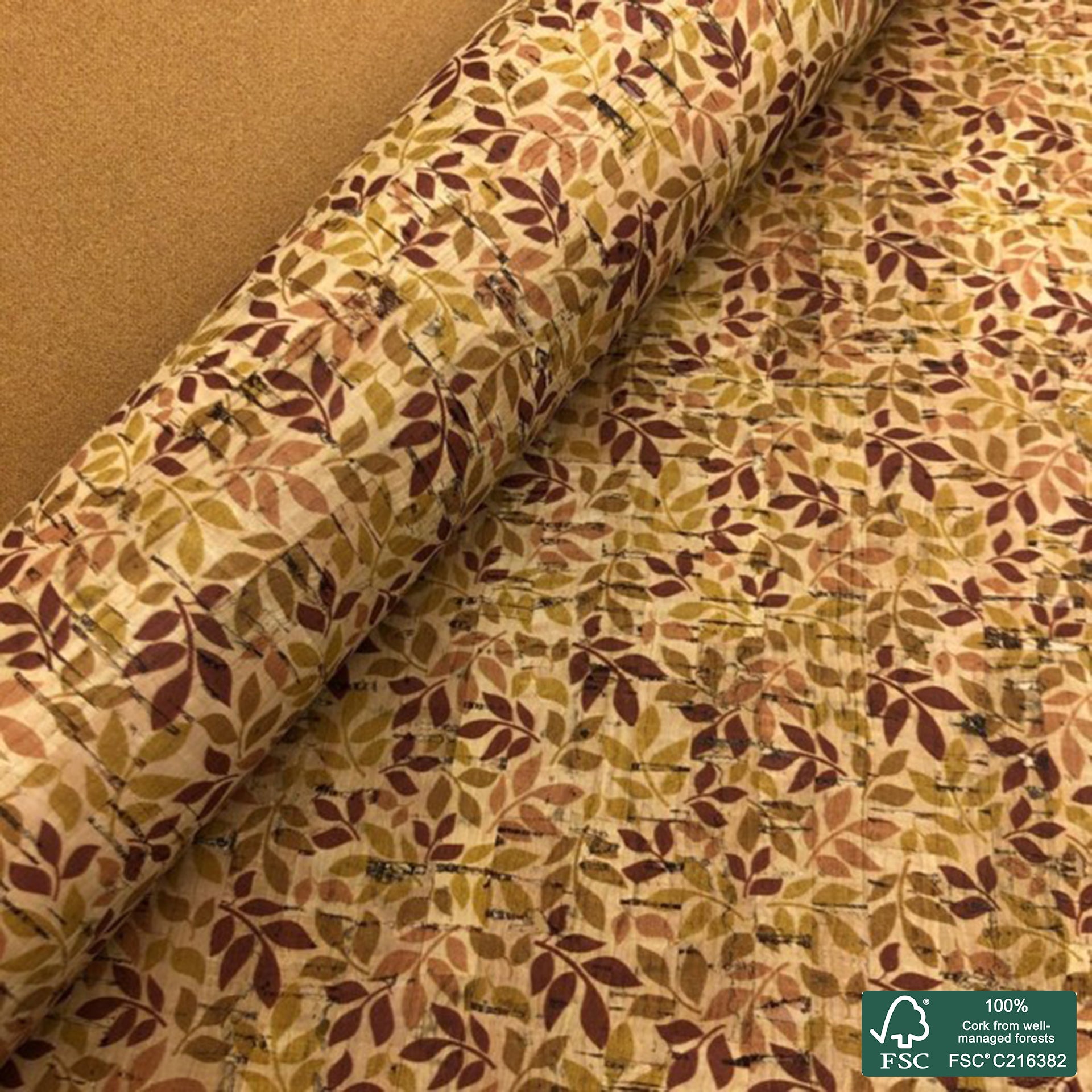 Leaves printed pattern on natural cork fabric (126)