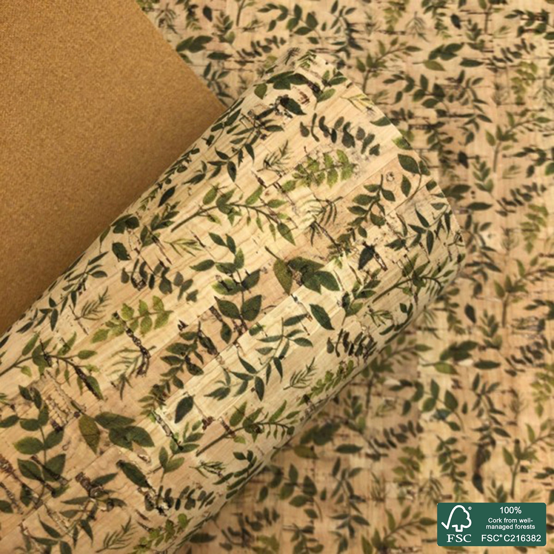 Leaves printed pattern on natural cork fabric (127)