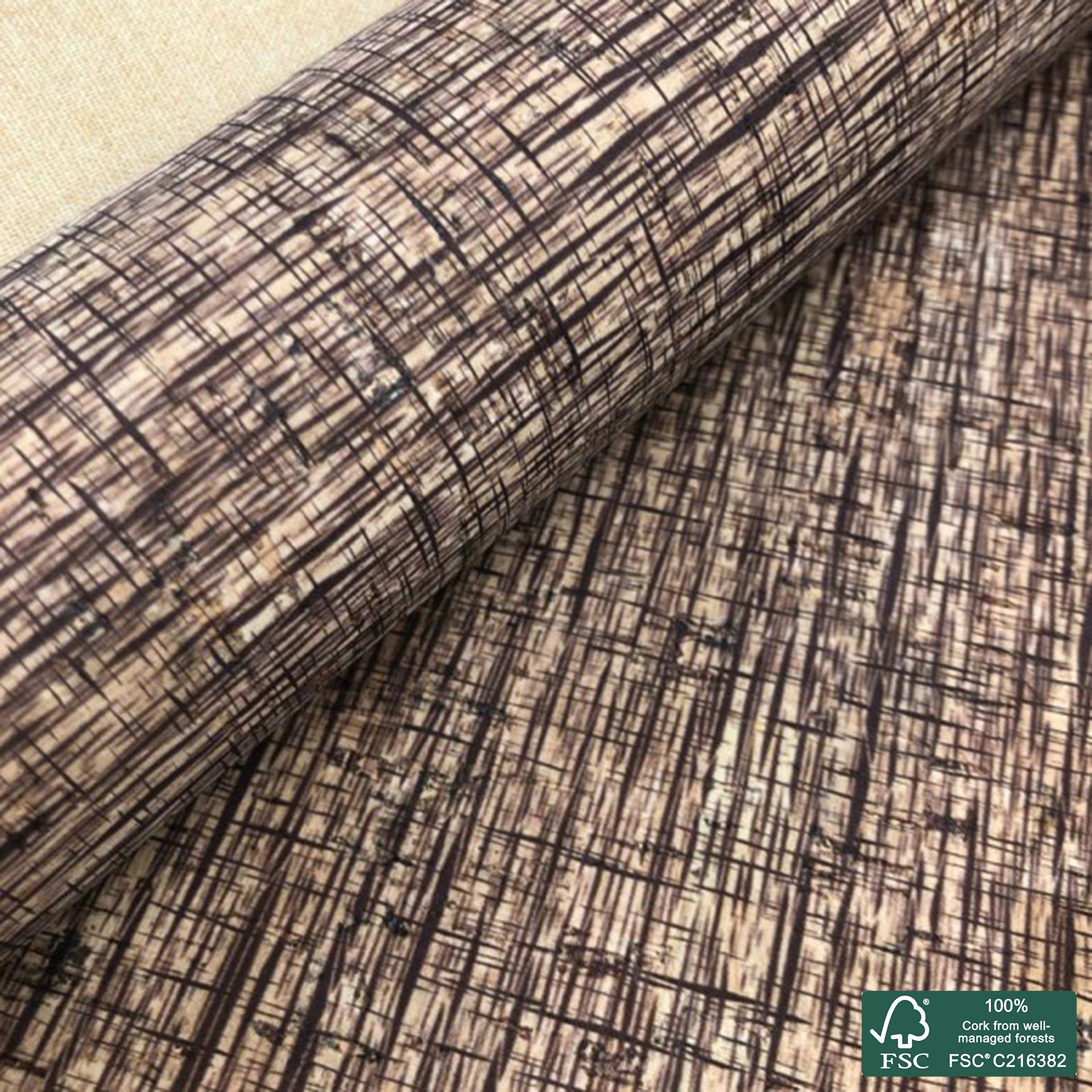 Plaid printed pattern on natural cork fabric (139)