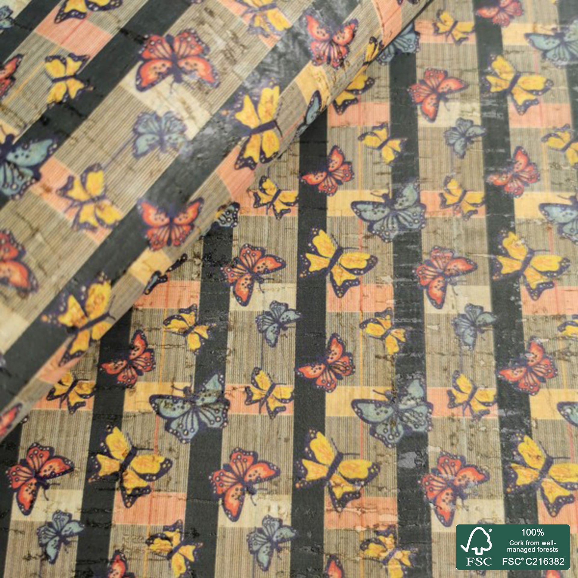 Butterflies printed pattern on natural cork fabric (141)