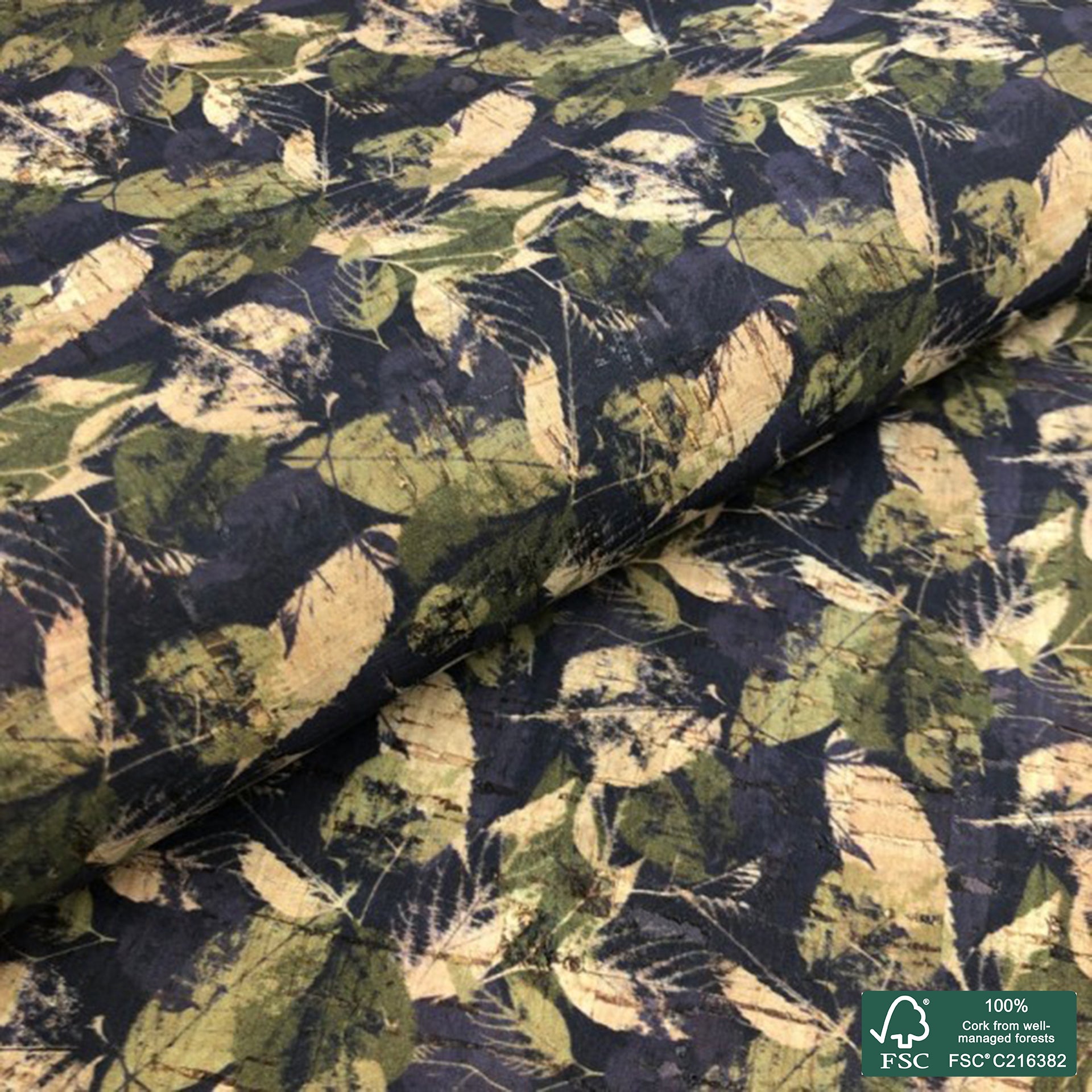 Leaves printed pattern on natural cork fabric (145)