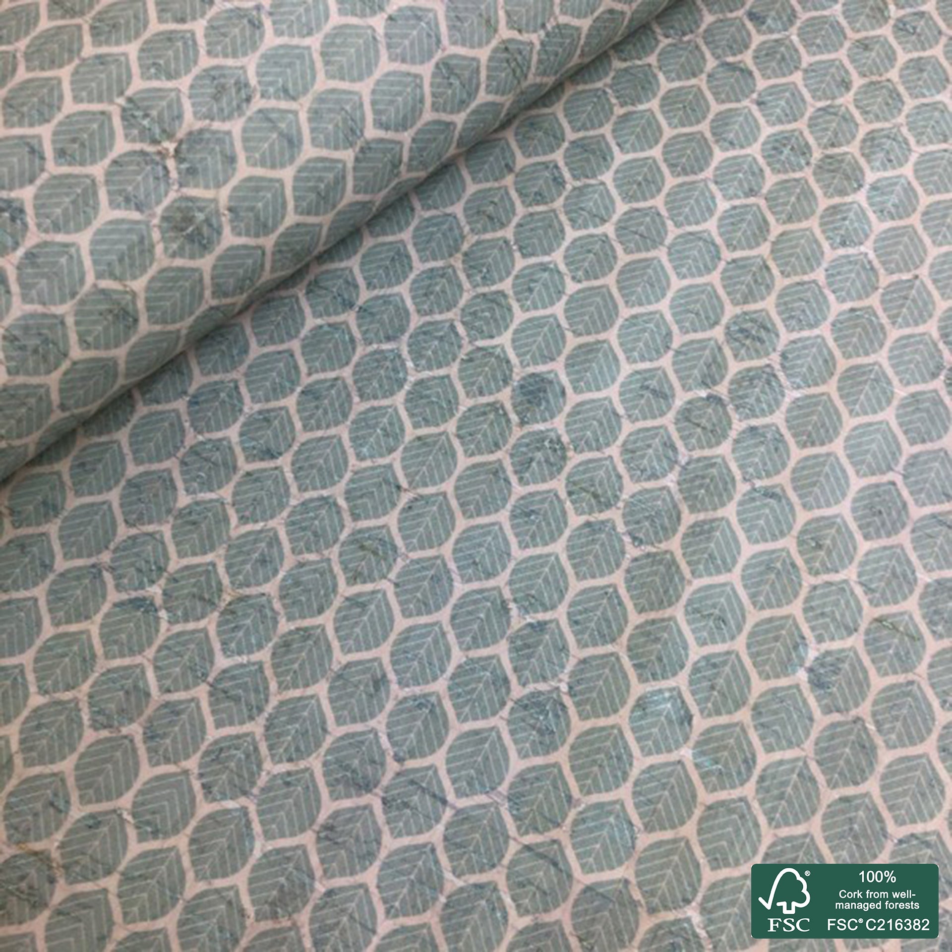Leaves printed pattern on white cork fabric (147)