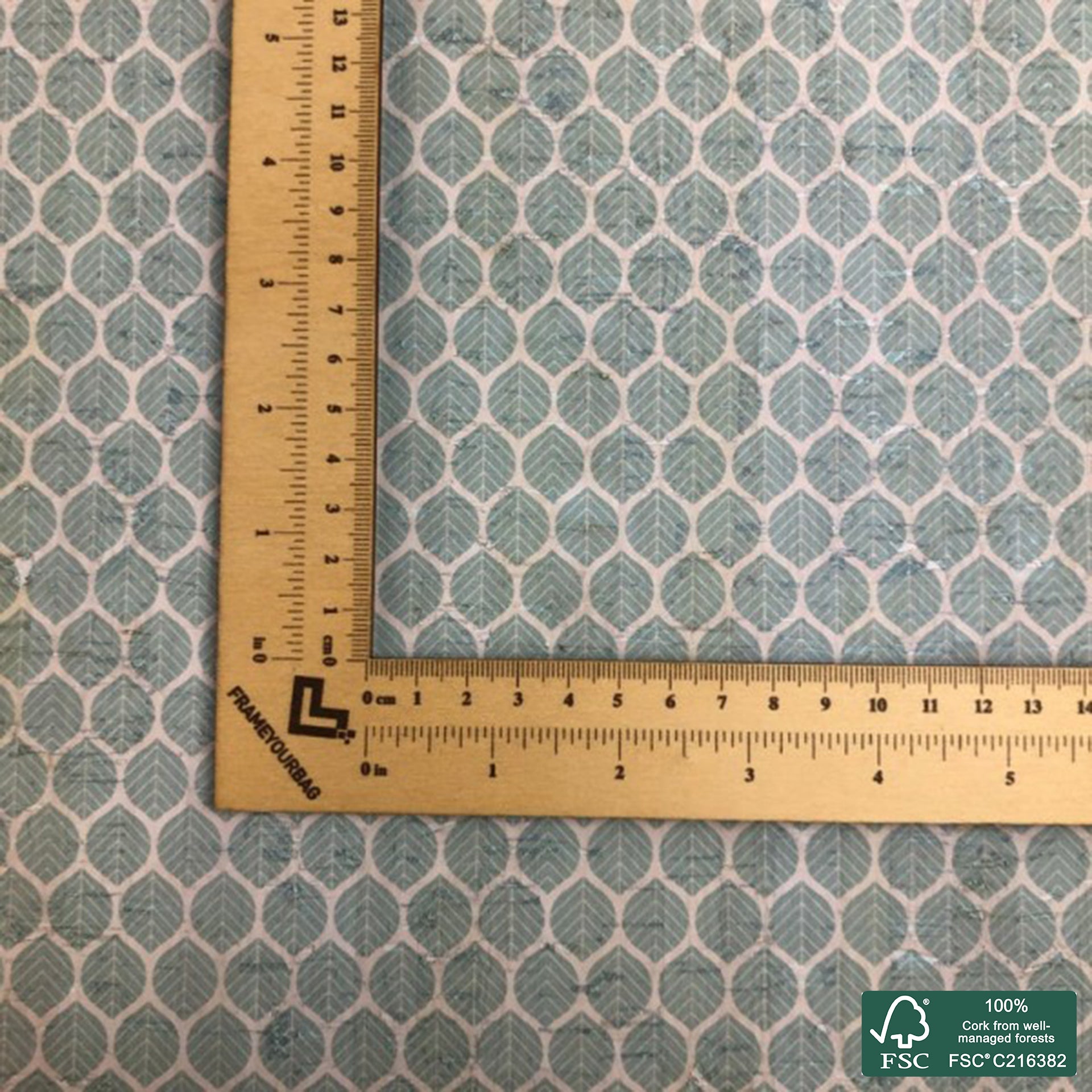 Leaves printed pattern on white cork fabric (147)