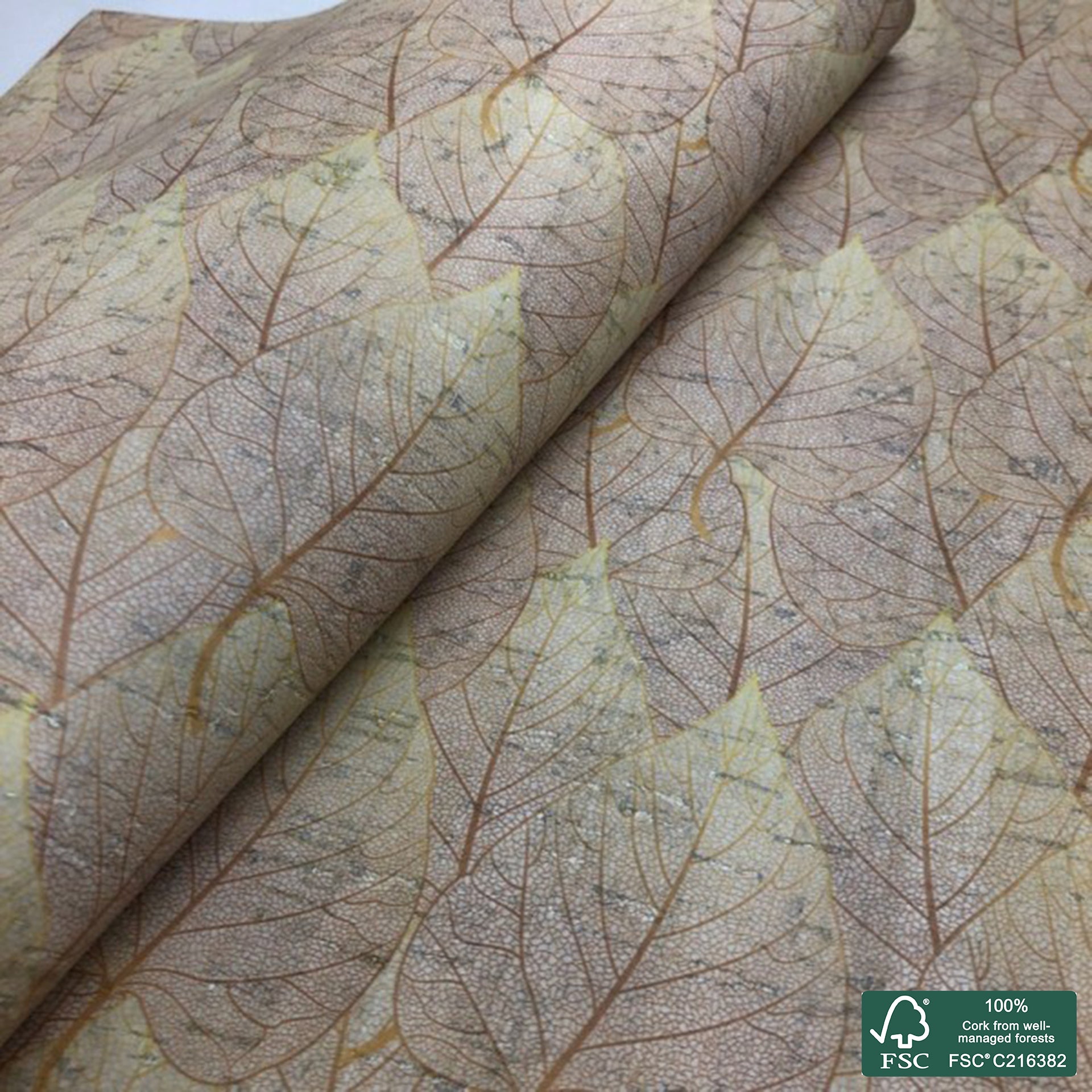 Leaves printed pattern on white cork fabric (149)