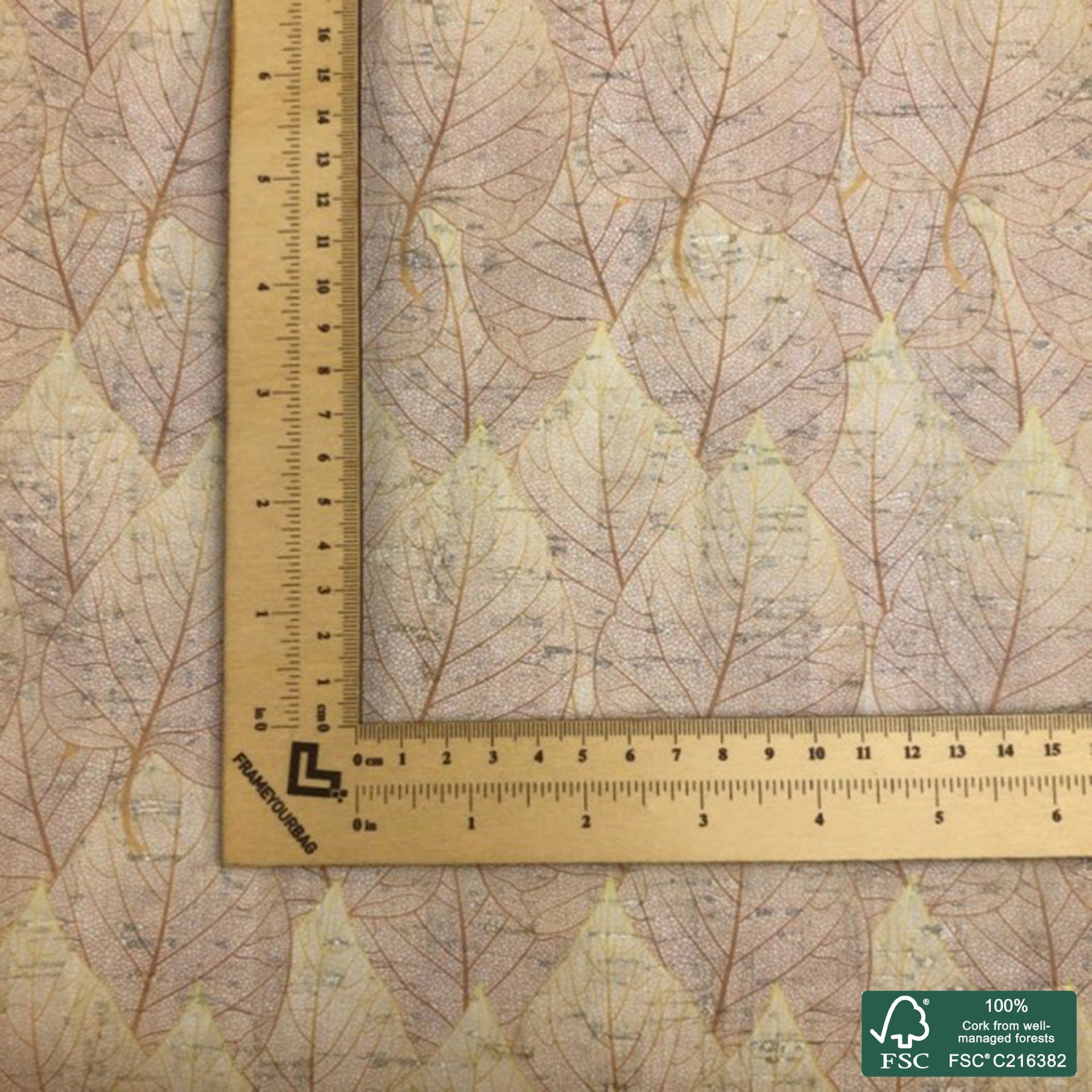 Leaves printed pattern on white cork fabric (149)