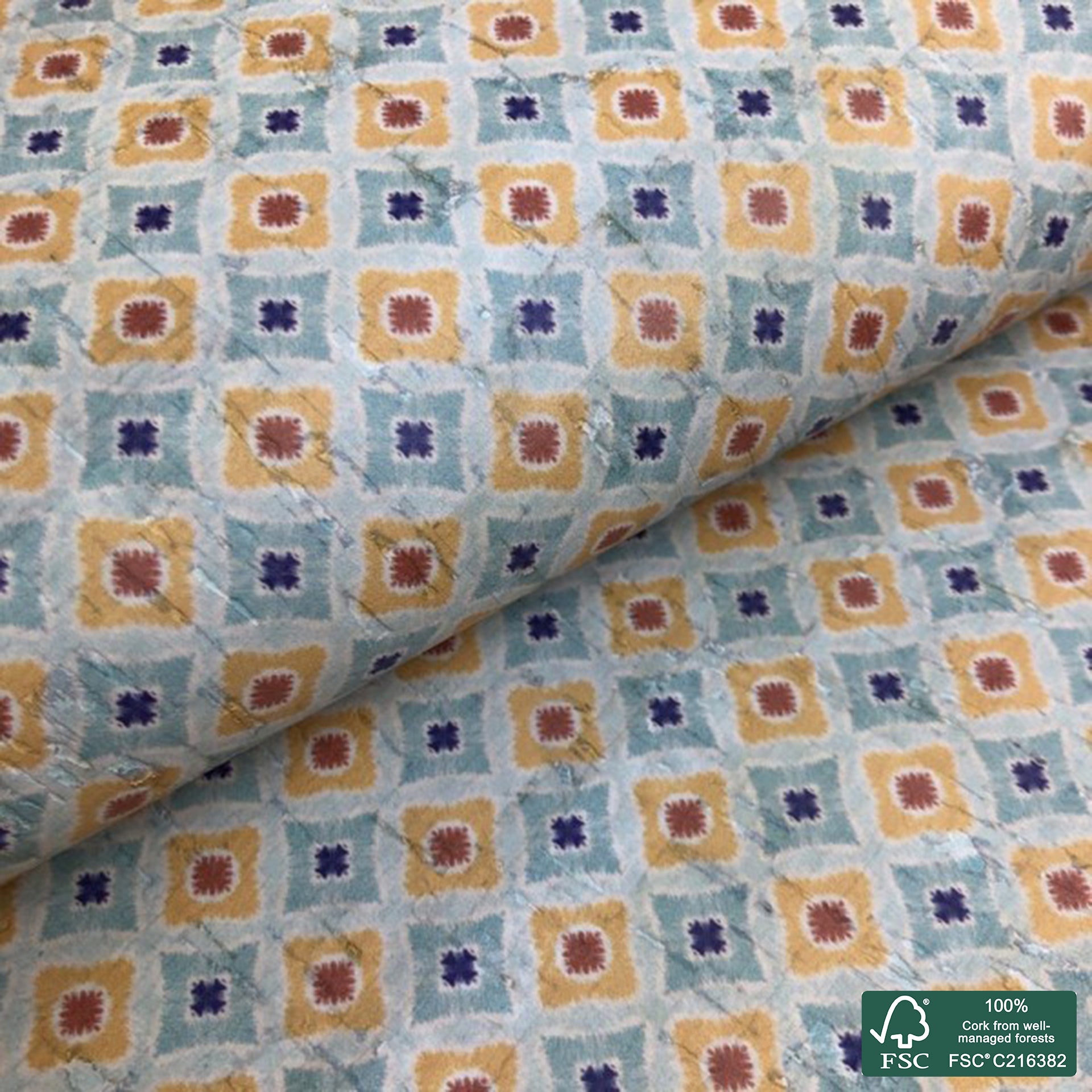 Tiles printed pattern on white cork fabric (152)