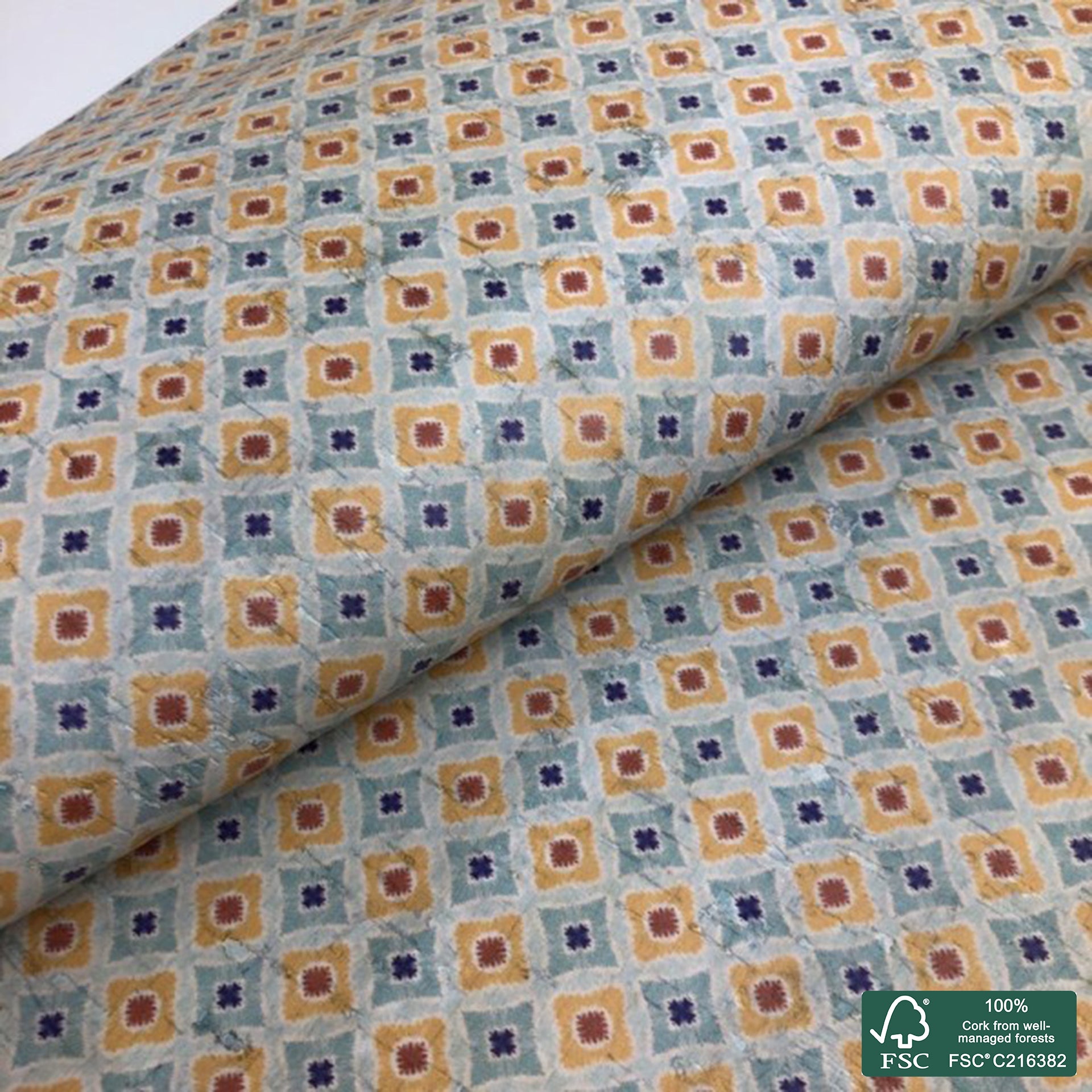 Tiles printed pattern on white cork fabric (152)