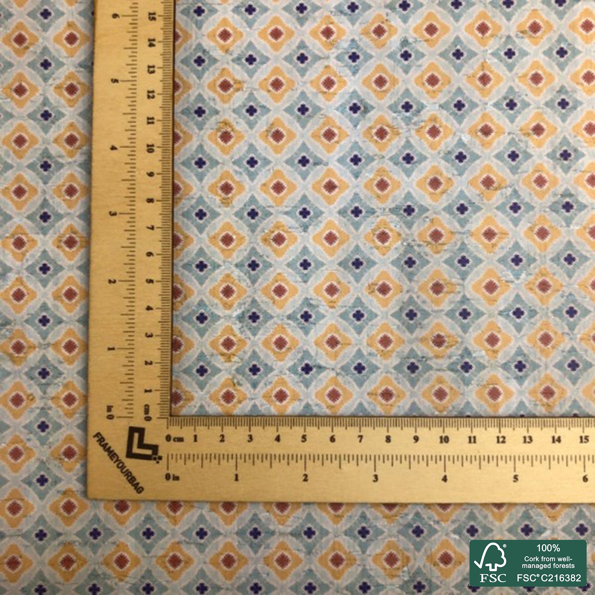Tiles printed pattern on white cork fabric (152)