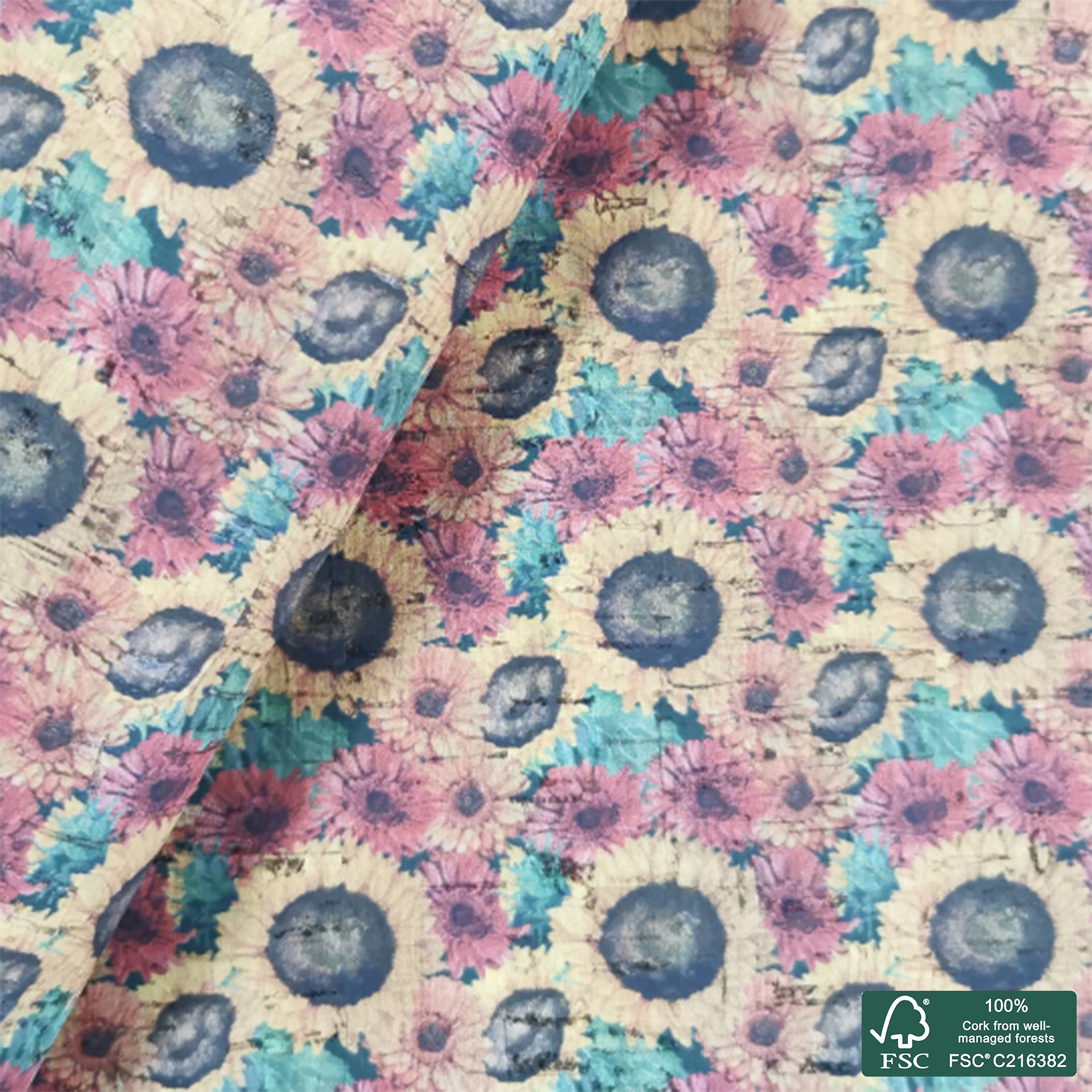 Sunflowers printed pattern on natural cork fabric (156)
