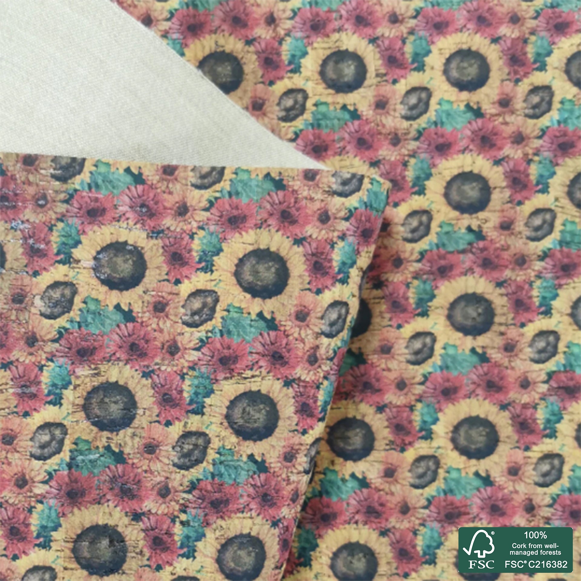 Sunflowers printed pattern on natural cork fabric (156)