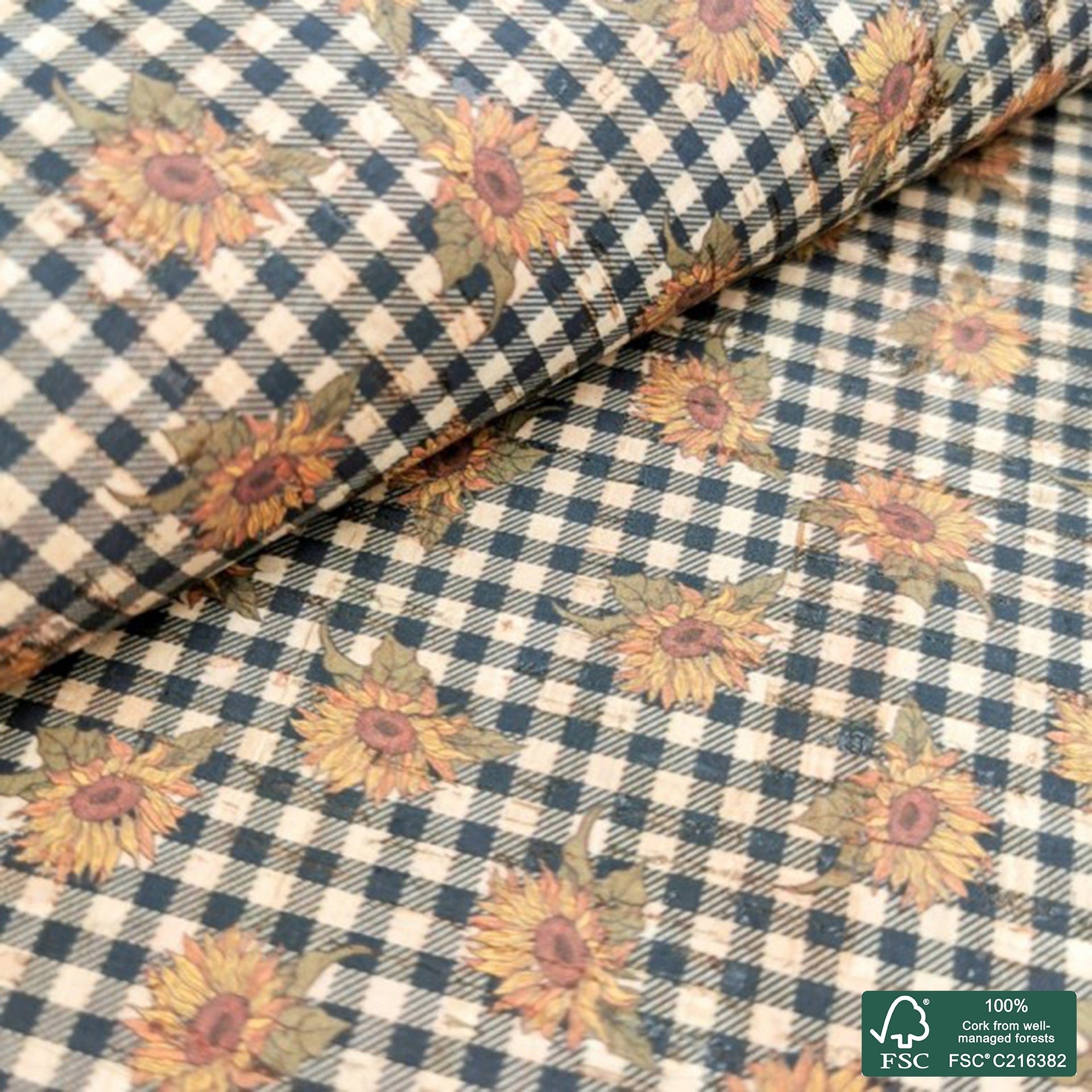 Sunflowers printed pattern on natural cork fabric (157)
