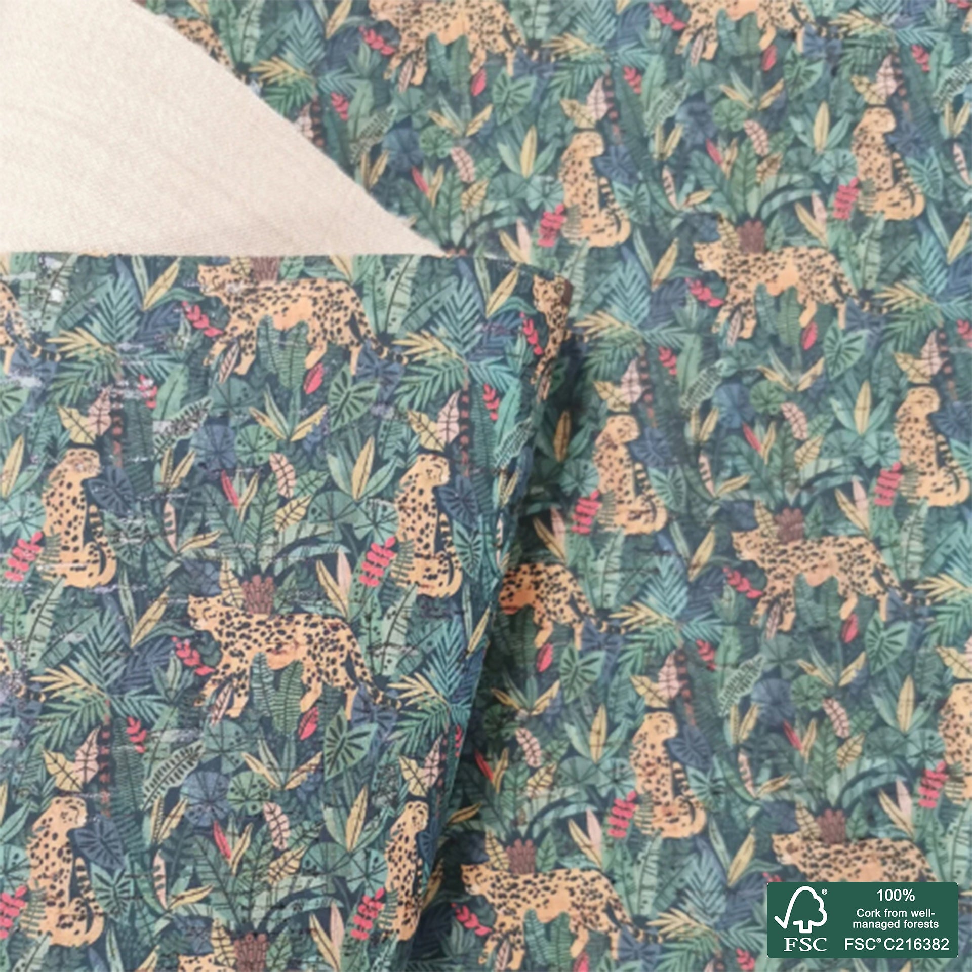 Cheetah printed pattern on natural cork fabric (158)