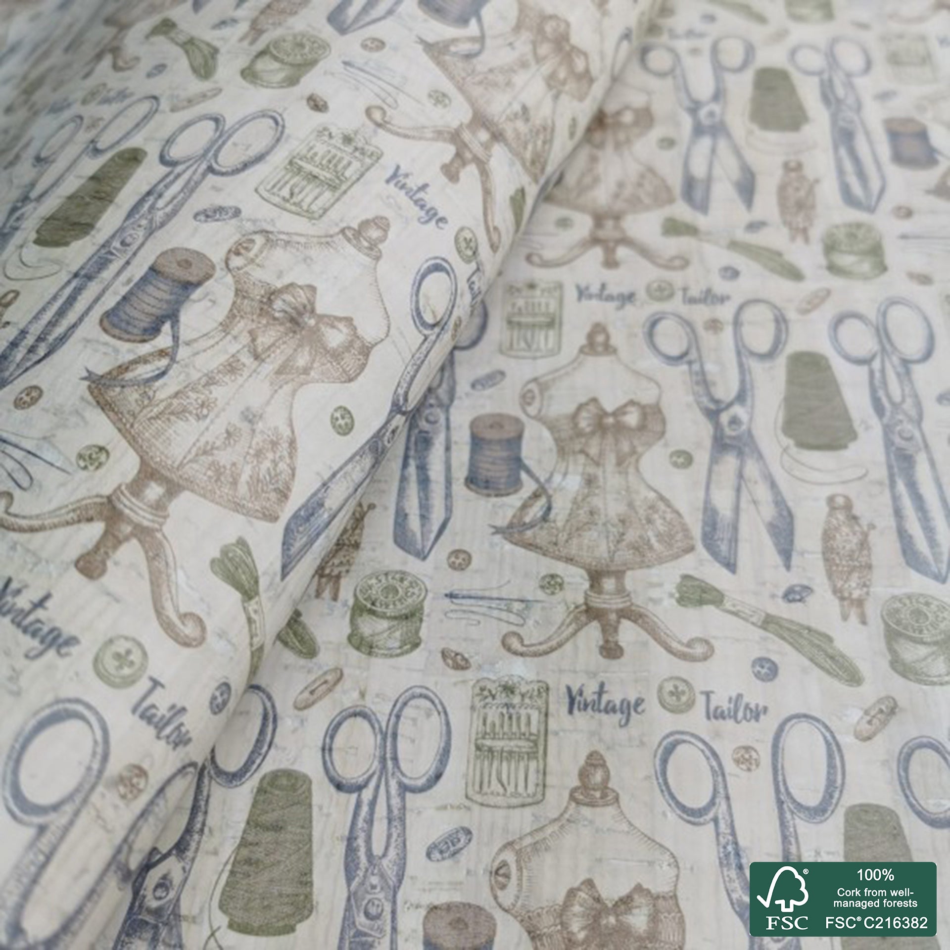 Vintage printed pattern on white cork fabric (167)