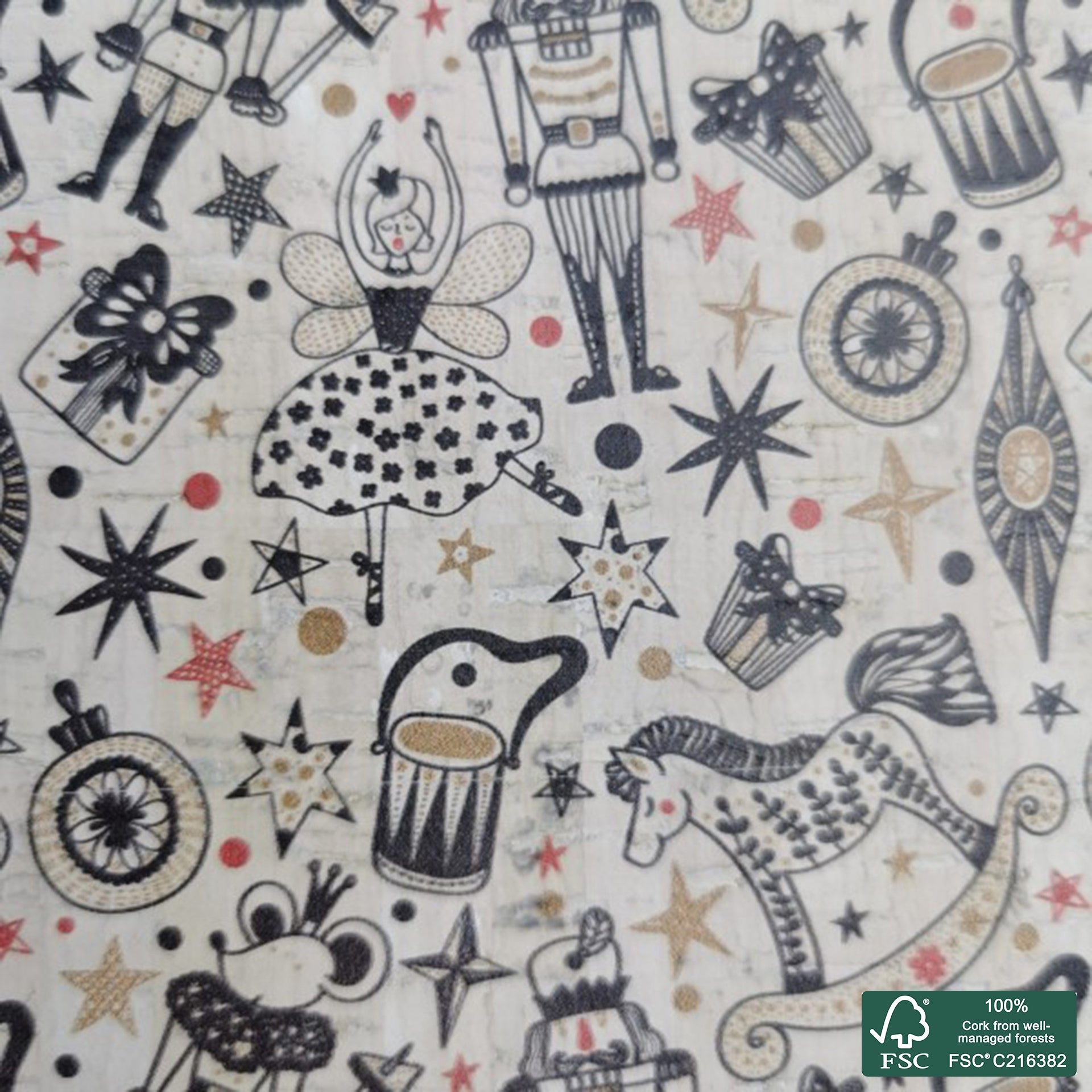 Toys printed pattern on white cork fabric (169)